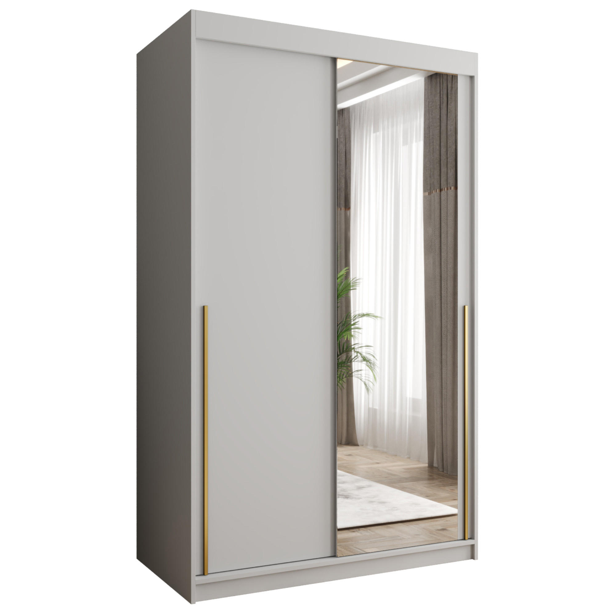 SCHIEBETÜRENSCHRANK mit Spiegel 120 cm Breite, weiß mit goldenem Griff - Goldfarben/Weiß, Holzwerkstoff (250/200/62cm) - Home Collective