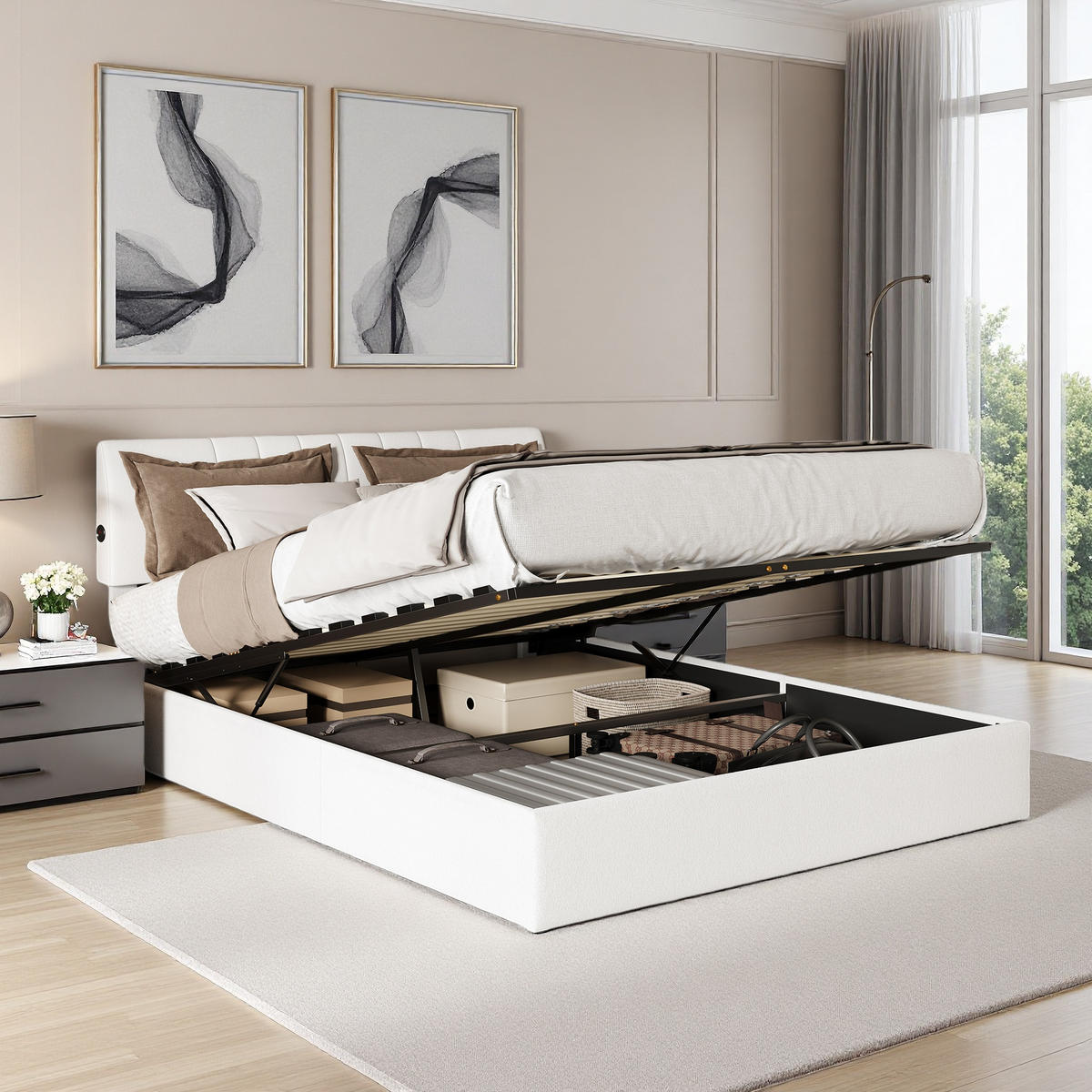 POLSTERBETT 140/190 cm Creme mit Bettkasten und USB-Anschlüssen - Weiß, Holz (140/190cm) - SHOPENTRA