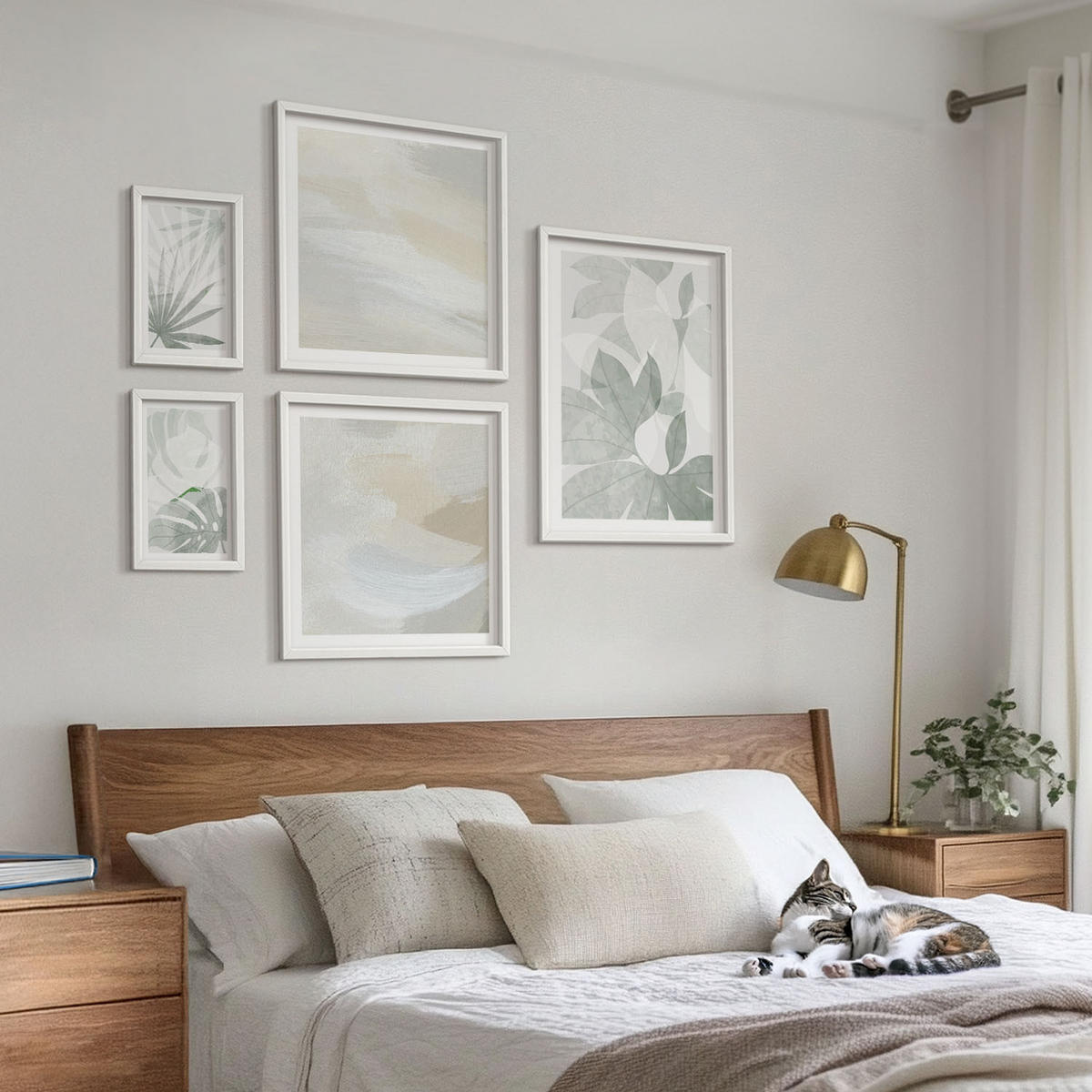 BILDER SET 5er Set - 50x50 cm & 20x30 cm & 40x60 cm Weißer Rahmen - Die Blätter der Pflanzen sind grünlich-grau. - Weiß, Kunststoff (40/60cm) - TULUP