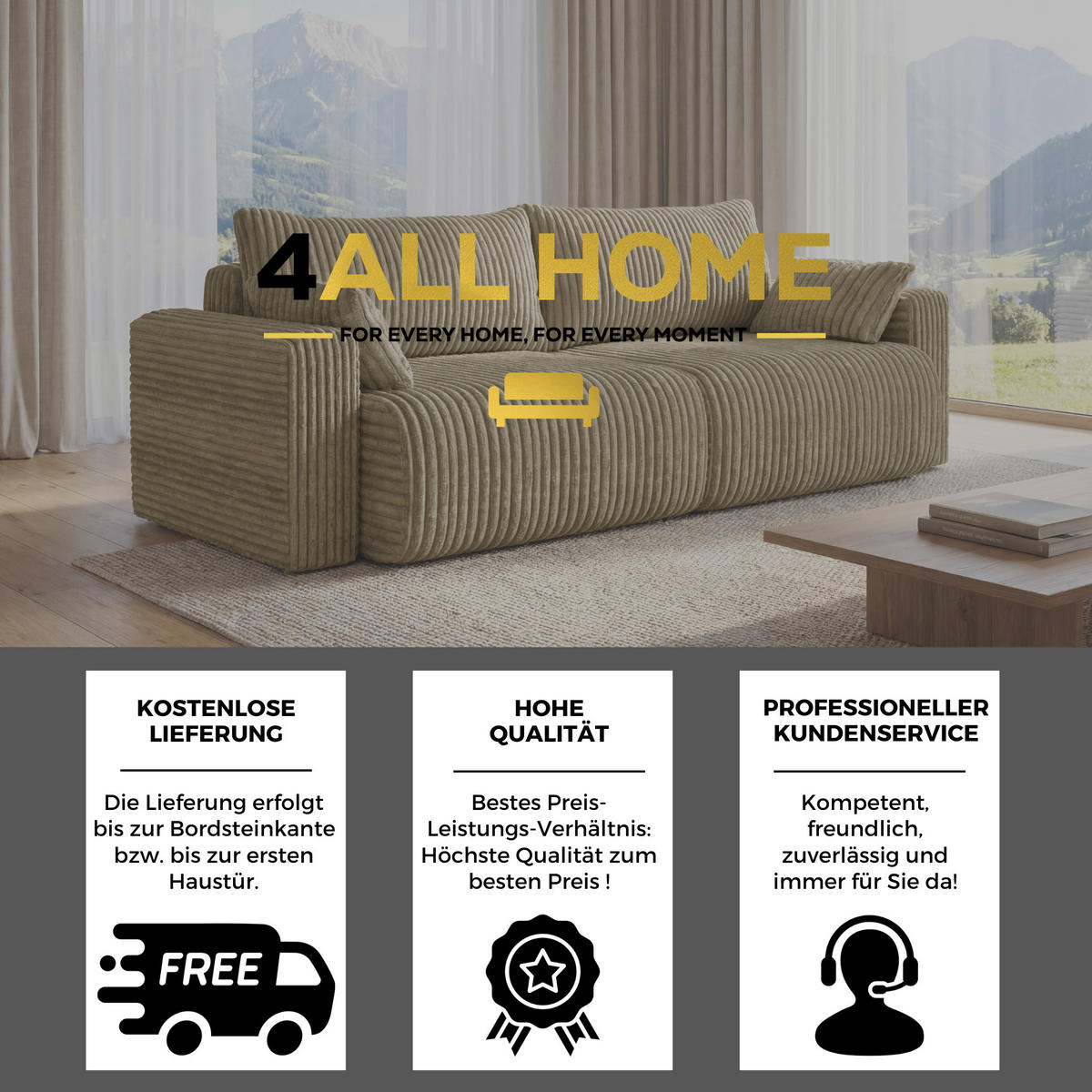 SOFA Kola mit Bettkasten und Schlaffunktion, Cordstoff - Beige, Holzwerkstoff (244/85/95cm) - 4ALL HOME