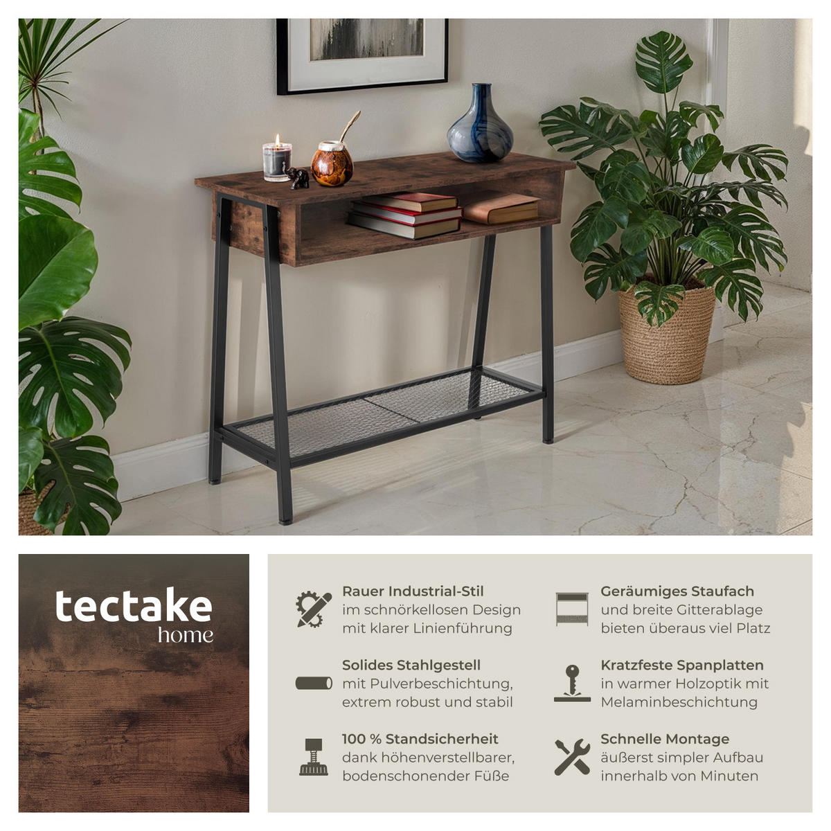 KONSOLENTISCH Tralee,100 x 35 x 80,5 cm,Industrial Holz dunkel, rustikal - Rostfarben, Holzwerkstoff (100/35/80.5cm) - tectake