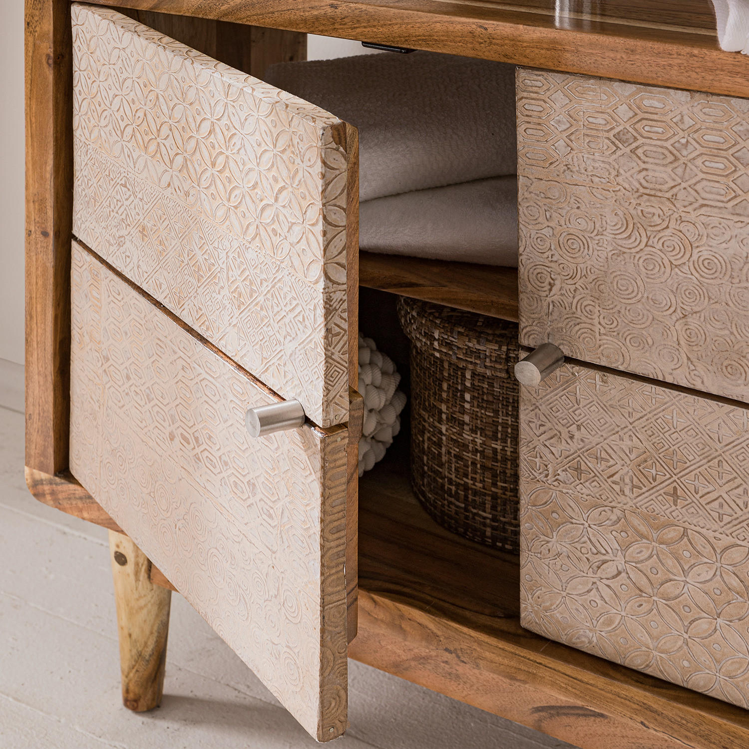 BADEZIMMERSET - 3-teilig - Akazie teilmassiv - Ecru / Akazie - Akaziefarben, Holz/Holzwerkstoff (130/180/30cm) - home24