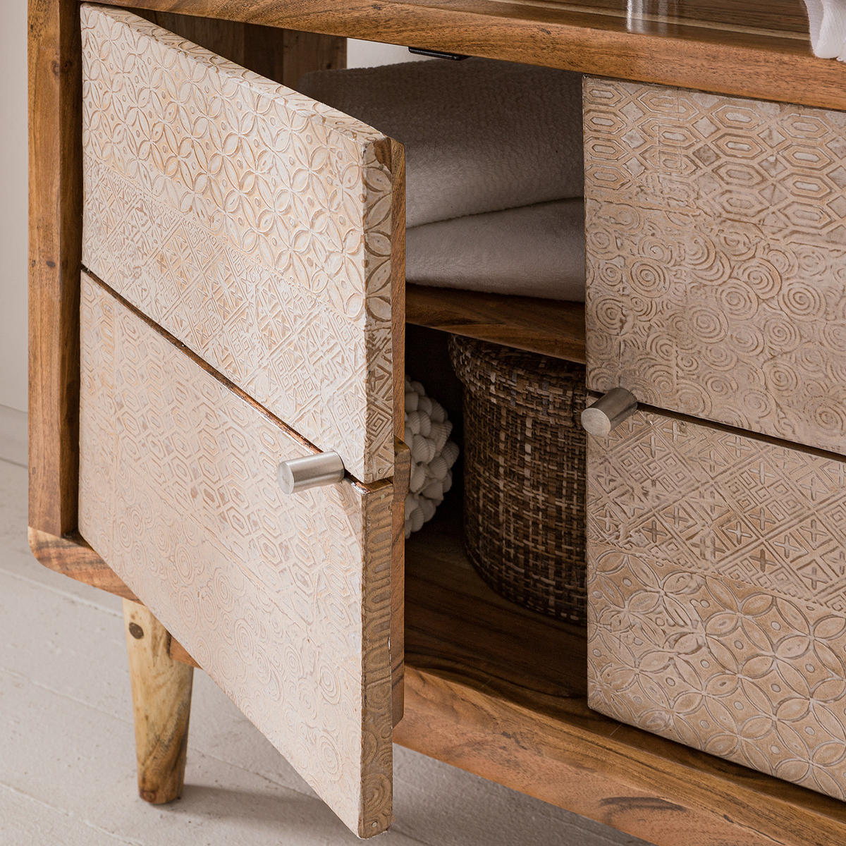 BADEZIMMERSET - 3-teilig - Akazie teilmassiv - Ecru / Akazie - Akaziefarben, Holz/Holzwerkstoff (130/180/30cm) - home24