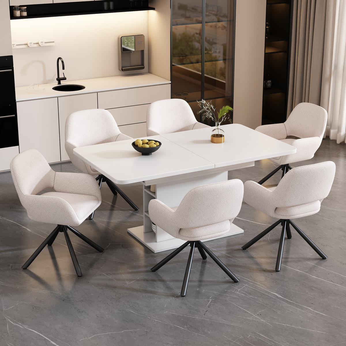 ESSZIMMERSTUHL 6er Set Drehbar Sherpa Weiss Armlehnen - Weiß, Holz (61.6/80/60.6cm) - FLIEKS