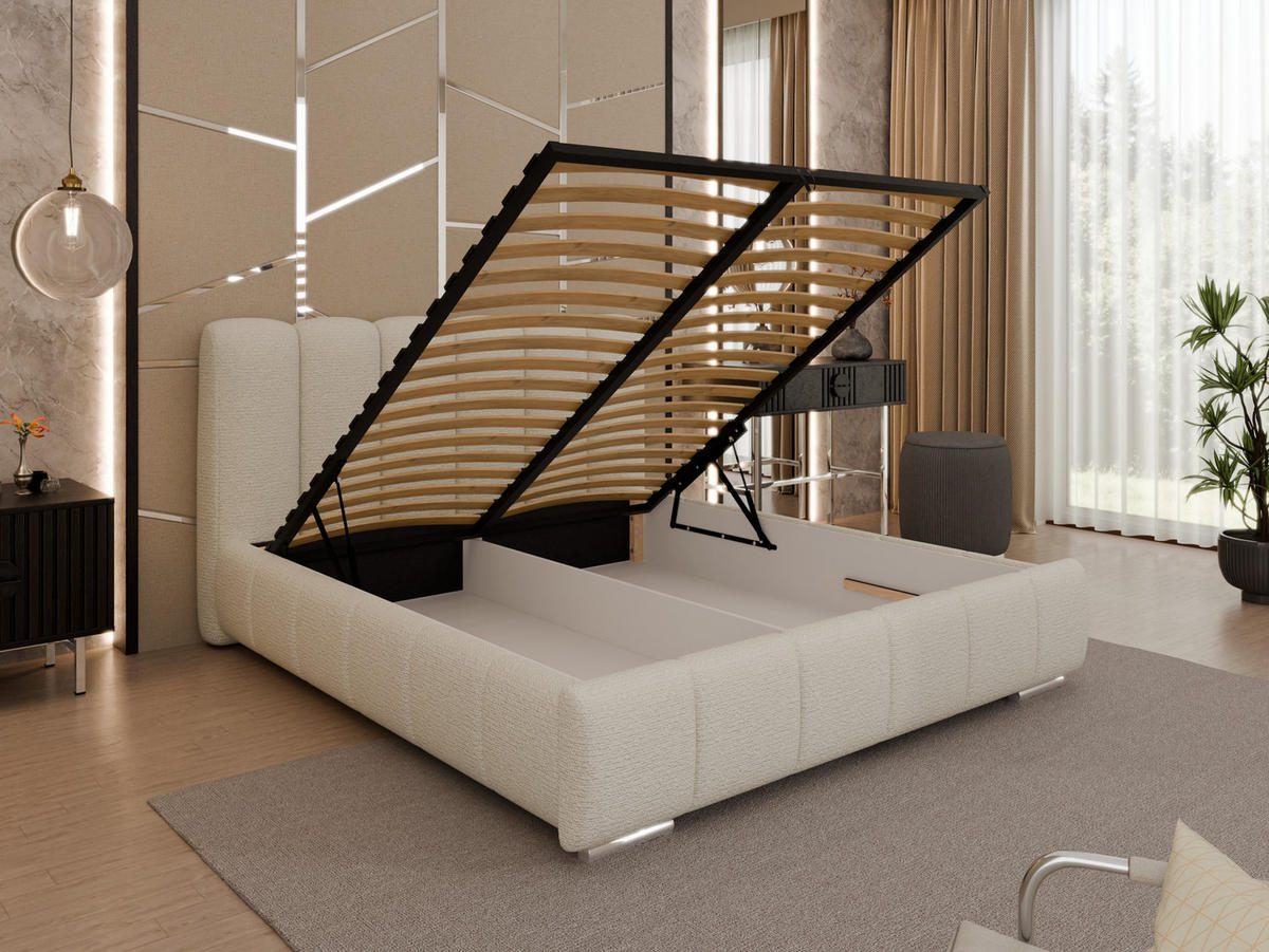 POLSTERBETT ZAIRA 160 x 200 cm mit Bettkasten und Lattenrost, 7-Zonen-Taschenfederkernmatratze CIRA (24 cm) – Hellbeige - Beige, Holz (140/206cm) - Panda Möbel