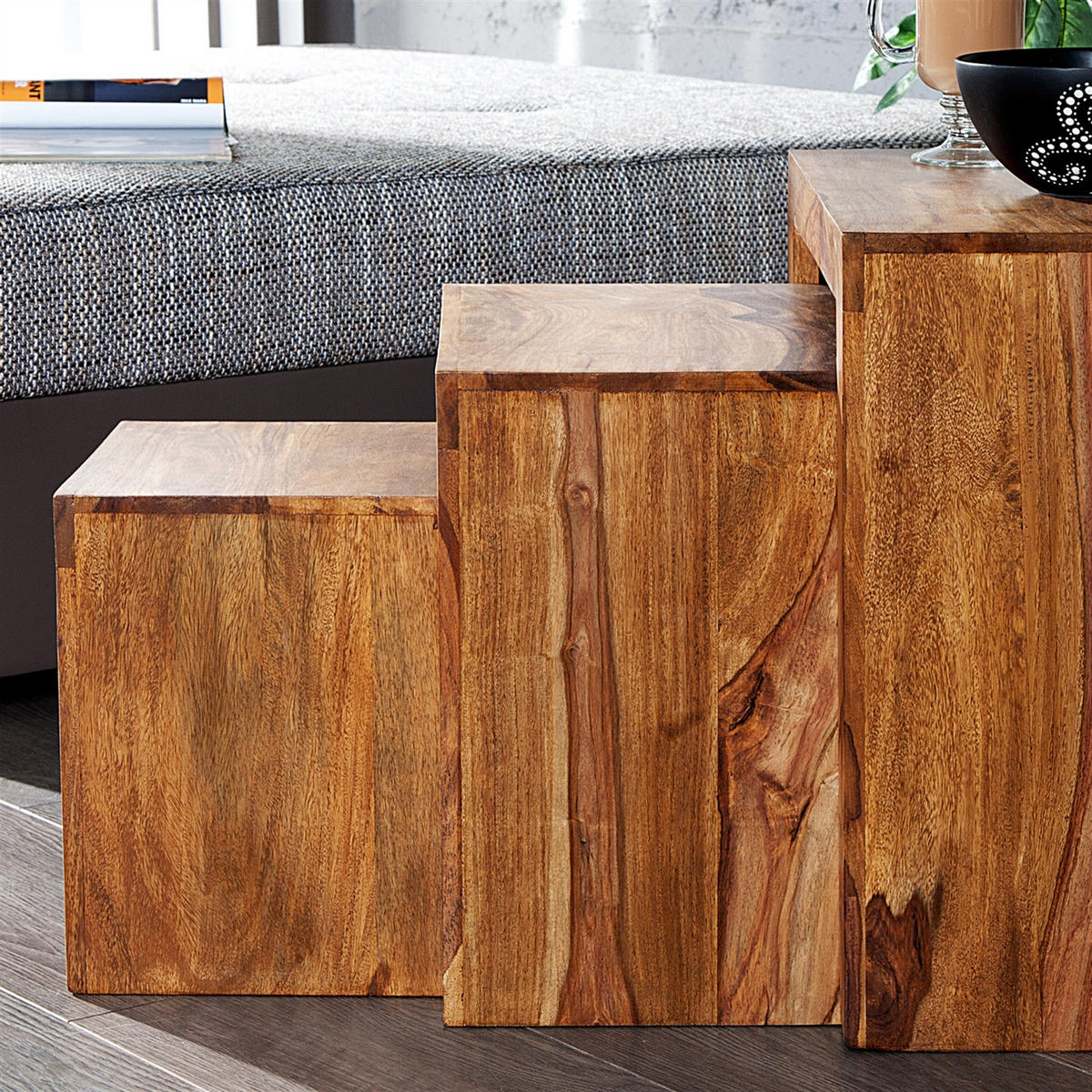 BEISTELLTISCH SHEESHAM 3er Set Massivholz braun - Naturfarben, Holz (45/45/30cm) - DESIGN DELIGHTS