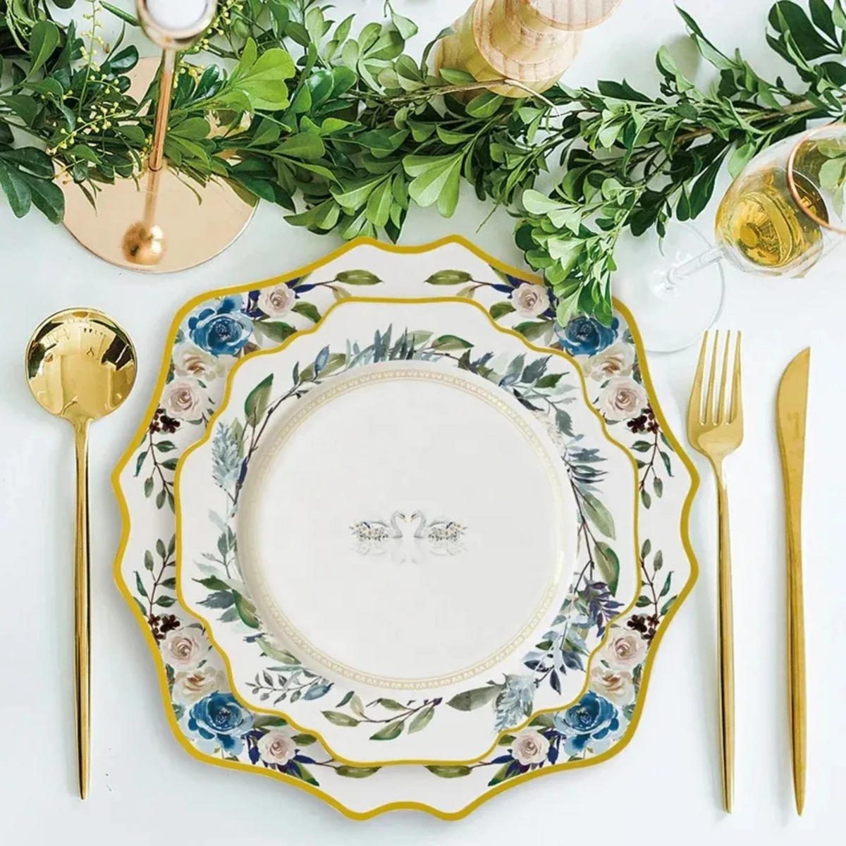 TELLERSET Blumengeschirr Bone China Weiß Gold 4tlg Ø30 Ø27 Ø20 Ø16 c - Roségold/Goldfarben, Keramik (30/2/2cm) - Quality Elegance