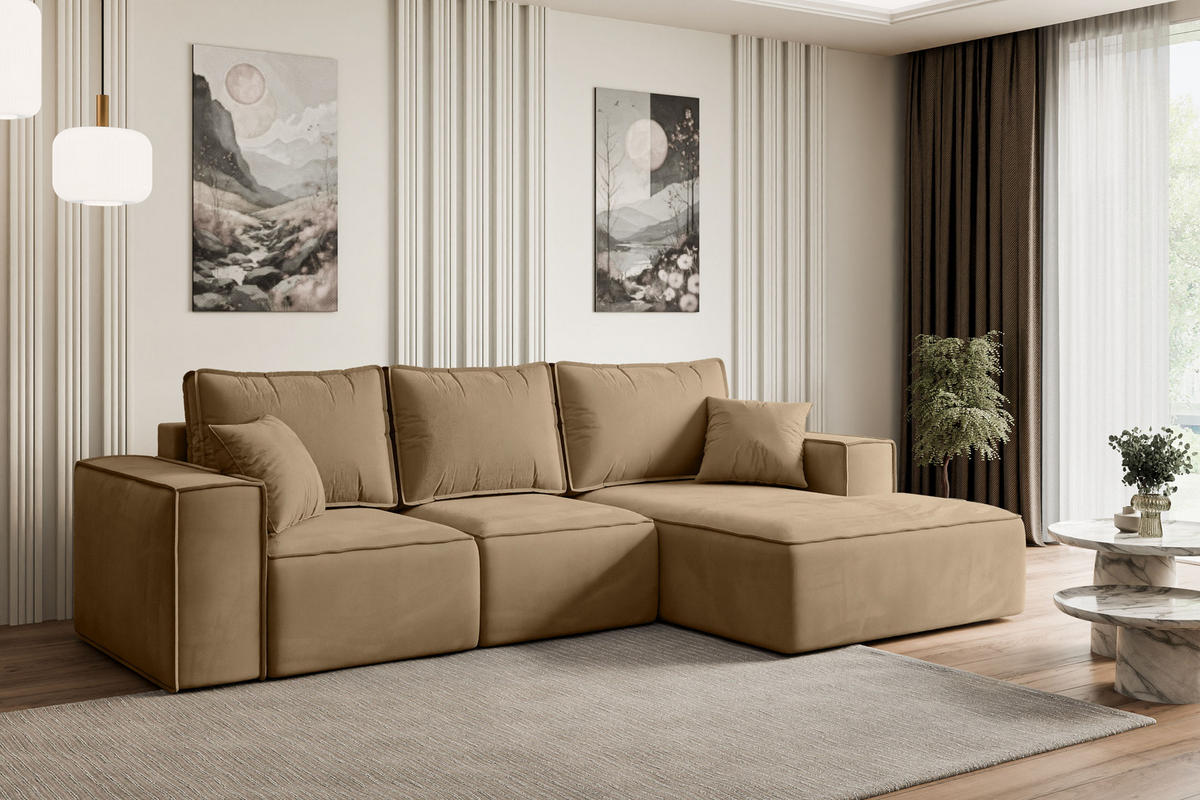 ECKSOFA mit Schlaffunktion und Bettkasten SERRA-L-S - 266x161x87 cm Beige Velours - Beige/Schwarz, Holzwerkstoff/Kunststoff (266/161cm) - ALTDECOR