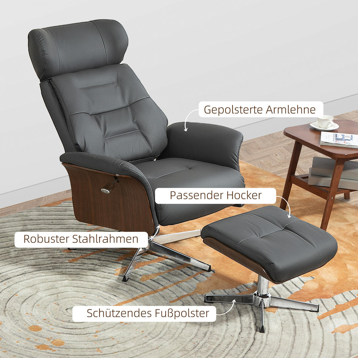 RELAXSESSEL mit Hocker, Fernsehsessel mit Liegefunktion, verstellbare Kopfstütze - Dunkelgrau, Kunststoff (84/108/80cm) - HOMCOM