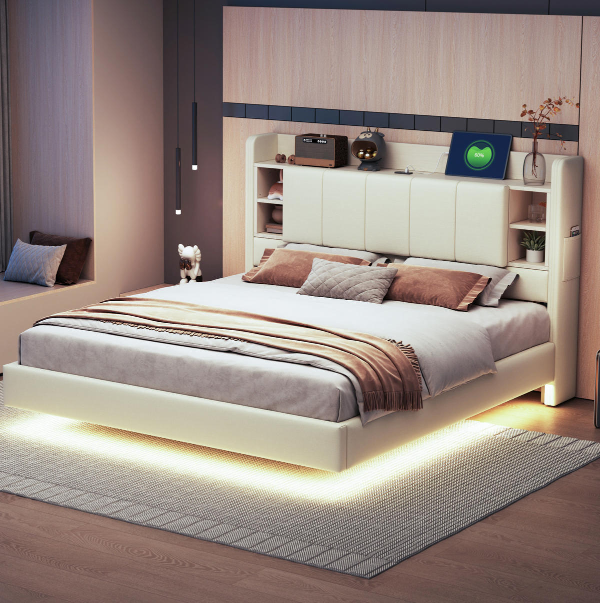 POLSTERBETT 160/200 cm Beige mit USB-Anschluss und LED-Beleuchtung - Beige, Textil (160/200cm) - OKWISH