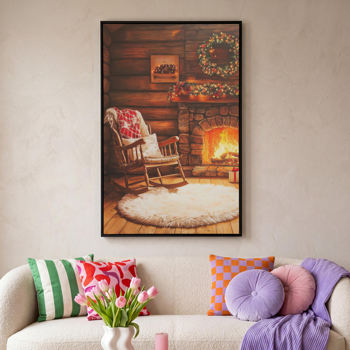 LEINWAND Bilder mit Rahmen - Winter - Weihnachten - Zuhause - Kamin - 80x120 - Bernsteinfarben, Textil (80/120cm) - MuchoWow