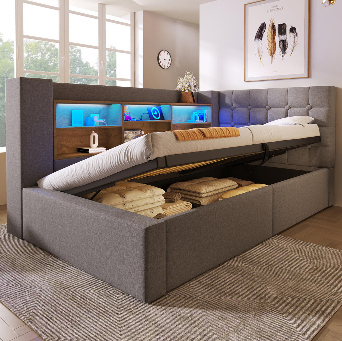 POLSTERBETT 90/200 cm mit LED-Beleuchtung, USB-Anschlüssen, hydraulischem Stauraum und L-Kopfteil, Grau - Grau, Textil (90/200cm) - Redom