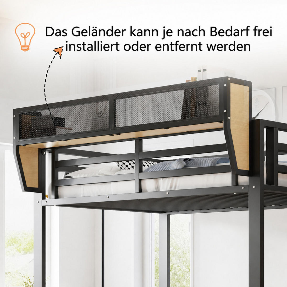 HOCHBETT 90/200 cm Schwarz mit Sicherheitsleiter und flexiblem Staufach - Schwarz, Metall (90/200cm) - Oxeza