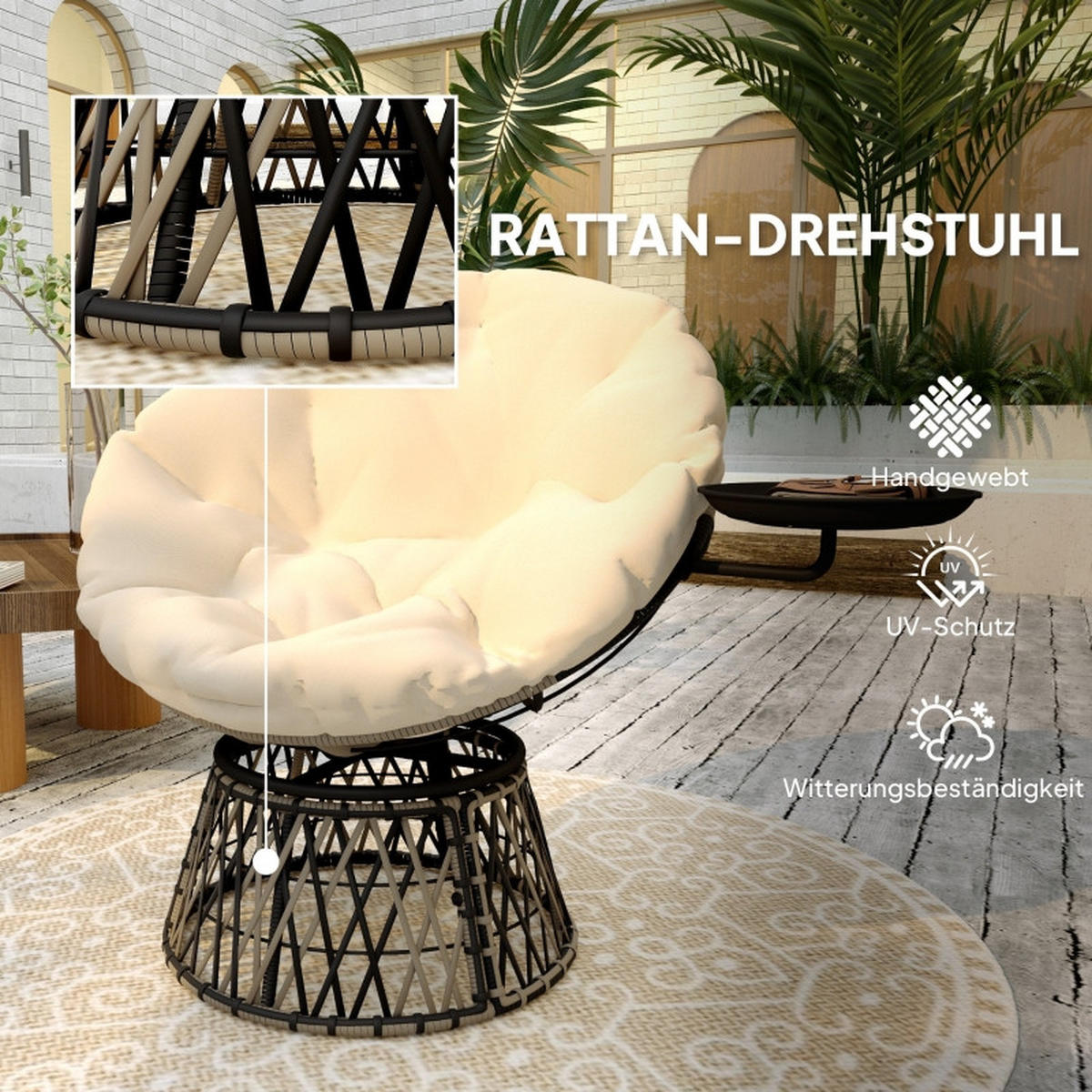 GARTENSTUHL aus Rattan 118x76x88 cm in Beige mit 360° Drehfunktion & Seitentablett - Beige, Metall (118/88/76cm) - Modfu