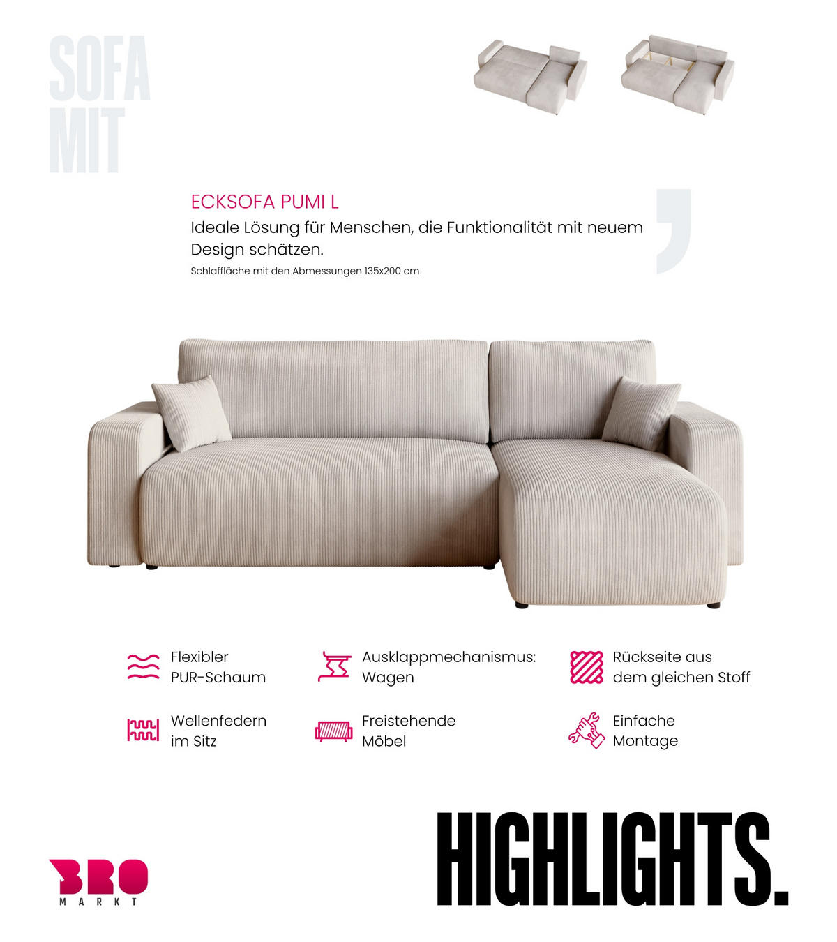 ECKSOFA PUMI mit Schlaffunktion Vanille Cord - Creme, Textil (244/148cm) - Bromarkt