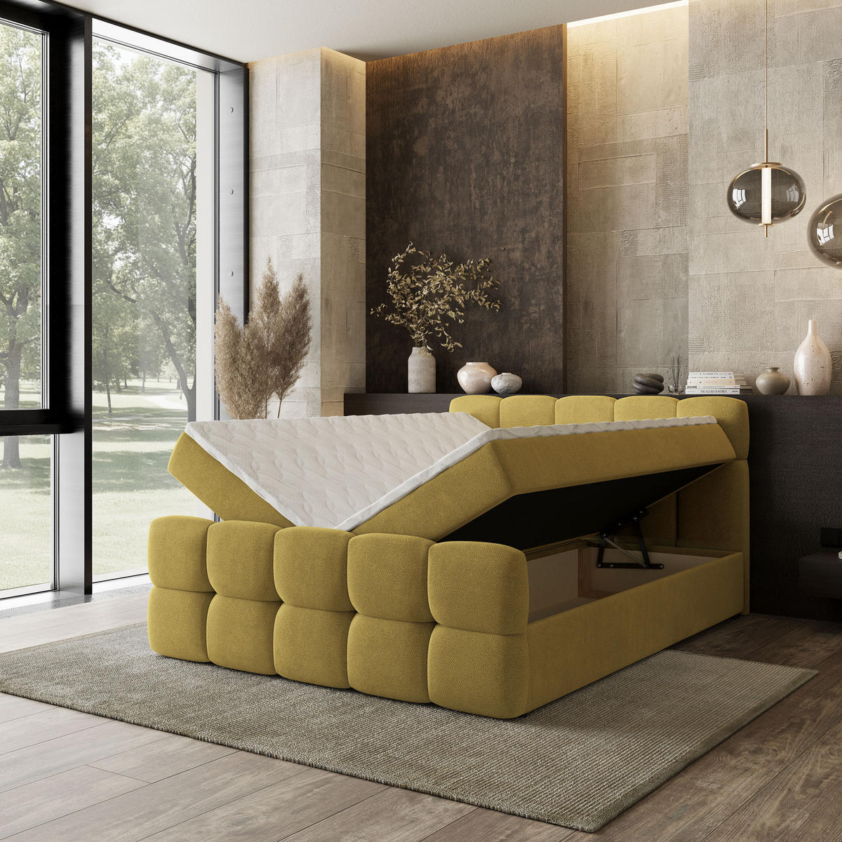 BOXBETT BRUME 180x200 cm mit Matratze und Topper, H2+H3 - Gelb - Gelb, Holz (180/200cm) - MASSENO