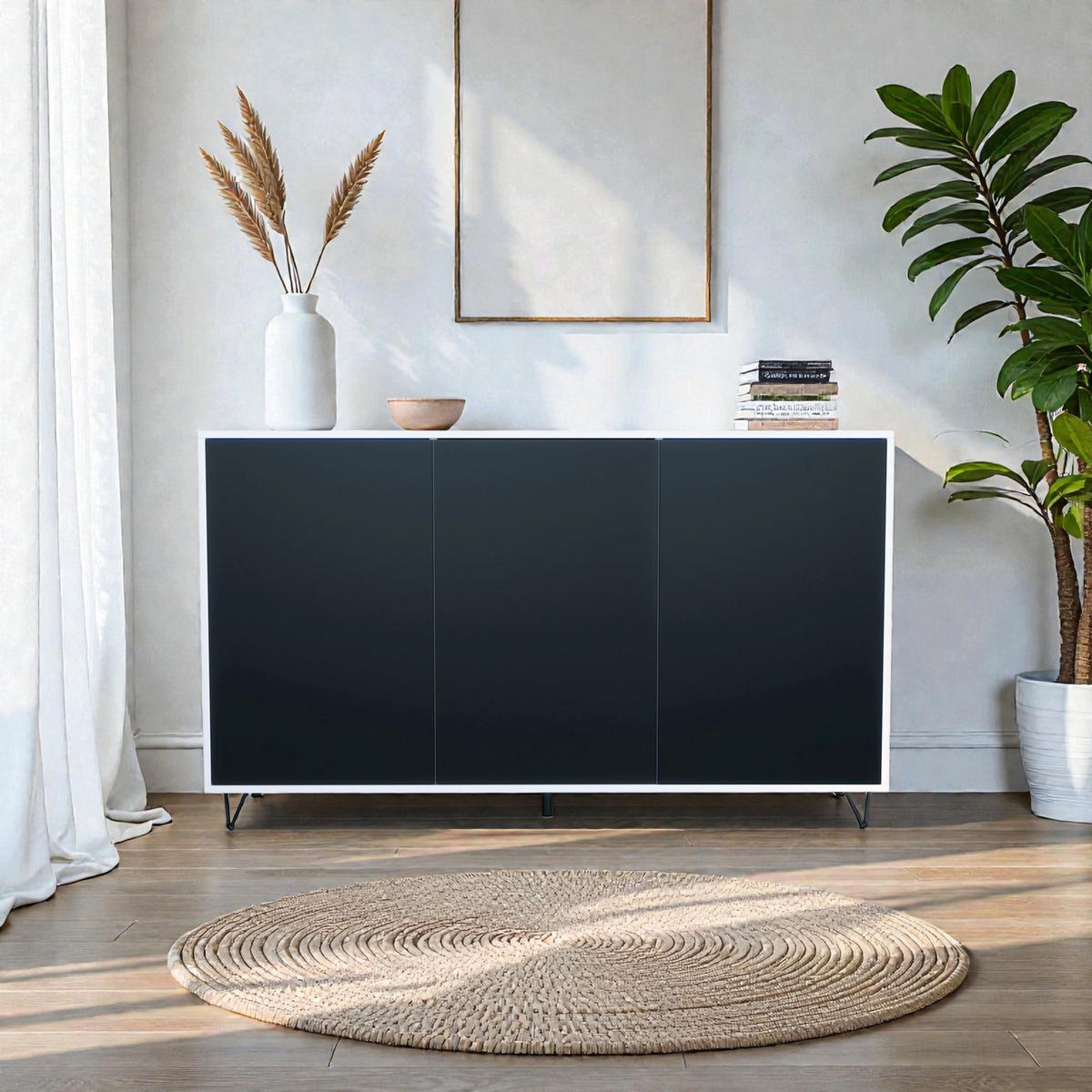 SIDEBOARD Elisa, Kommode mit Push-to-Open, Made in Germany, Moderner Schrank, Weiß matt/Schwarz matt (152,5 x 90,5 x 37 cm) - Schwarz, Holzwerkstoff (152.5/90.5/37cm) - InnoFurn