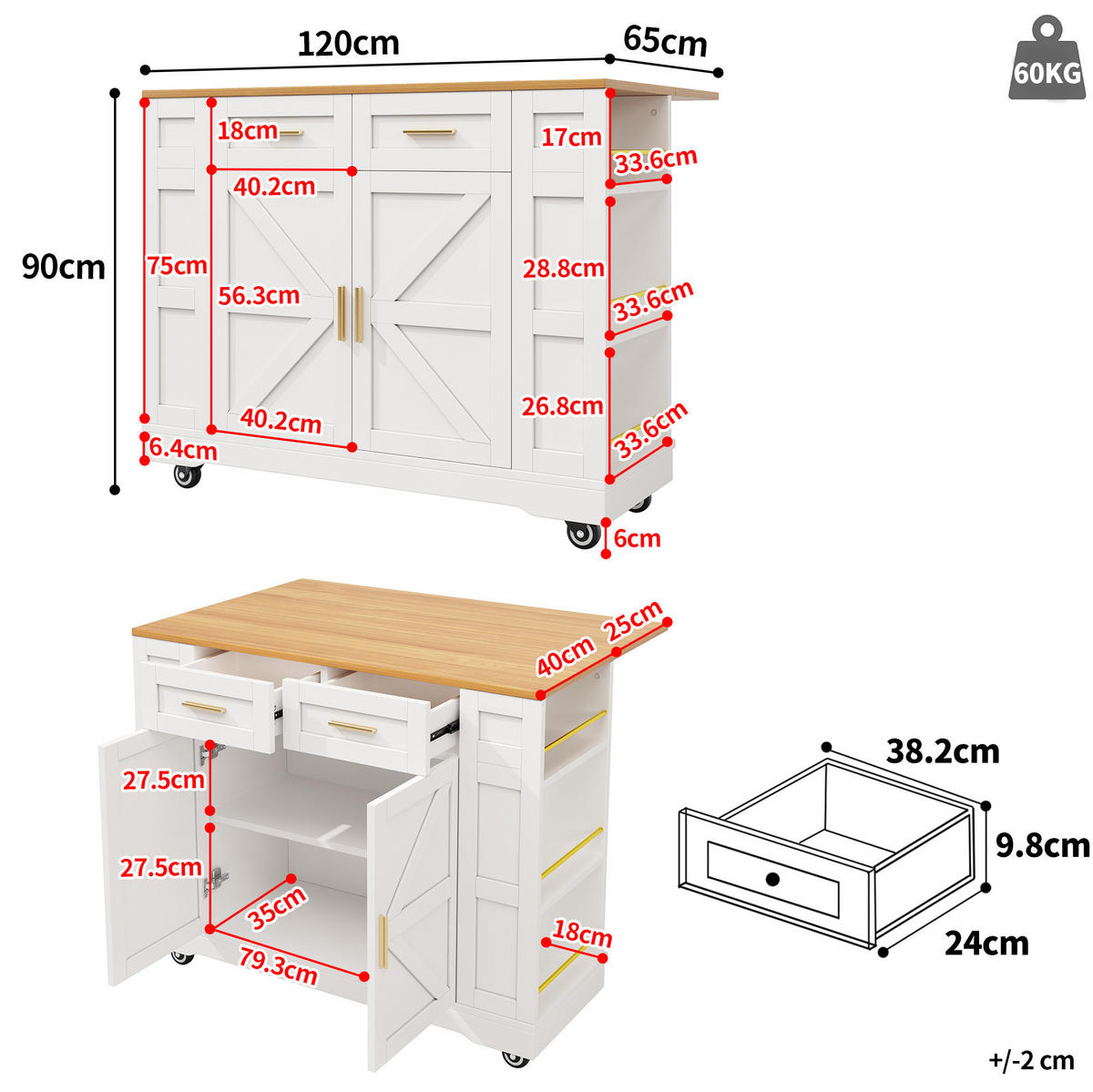 KUHINJSKI otok 120/65/90 cm bijeli MDF, raztegljiv s prostorom za odlaganje - bijela, drvni materijal (120/90/65cm) - BEAOK