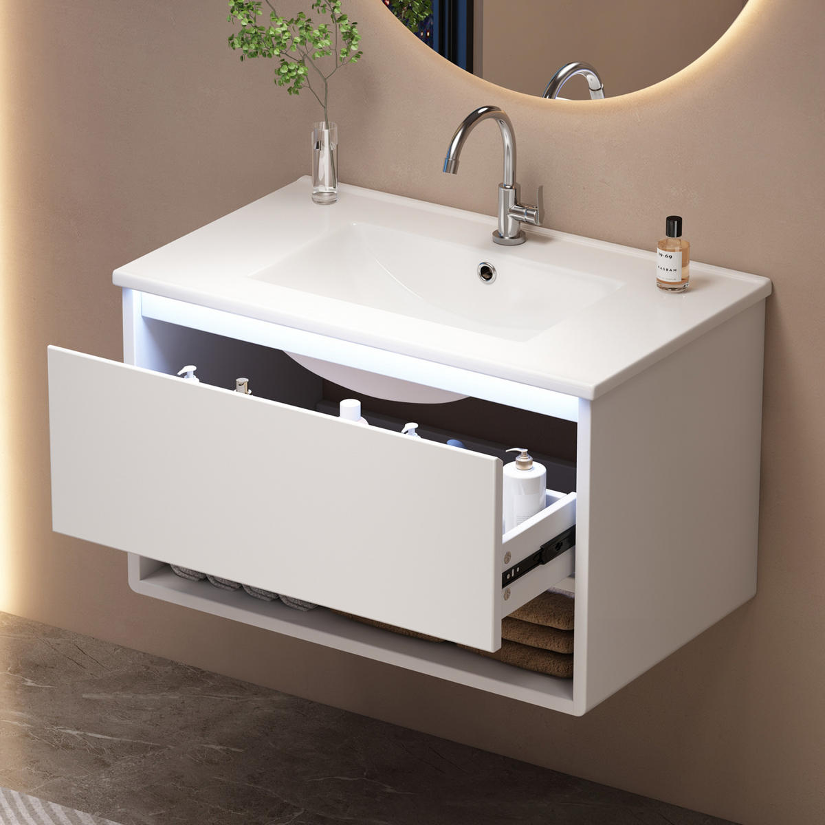 WASCHTISCHKOMBI 76,5/46/45 cm in Weiß mit LED-Sensorleuchte und Soft-Close - Weiß, Holzwerkstoff (76/45/46cm) - BEAOK