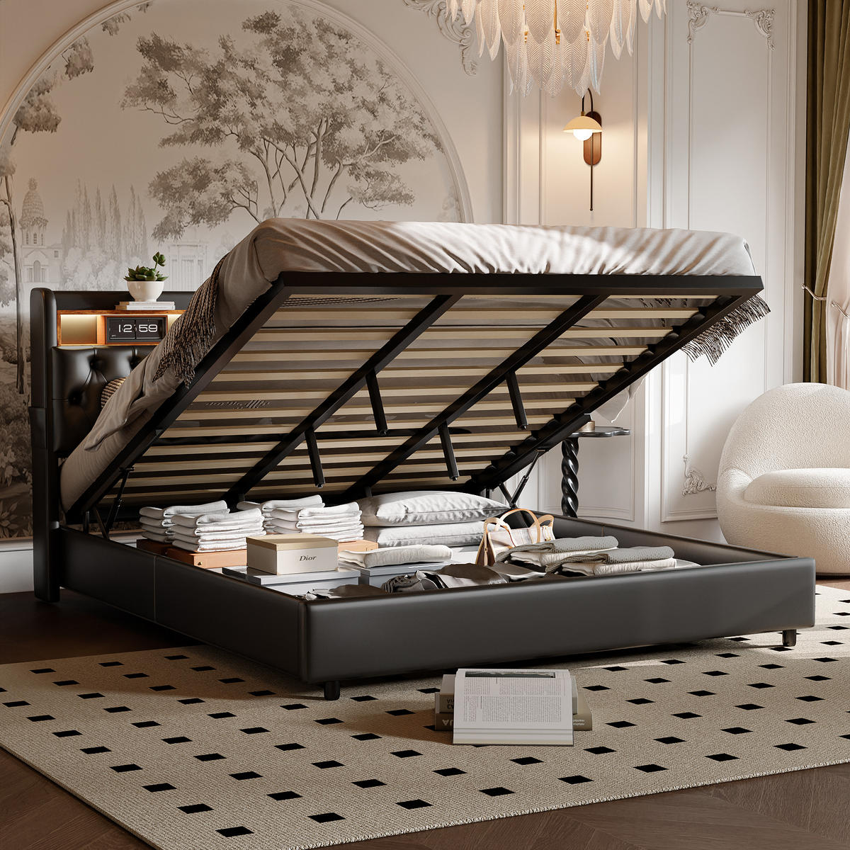 POLSTERBETT 180/200 cm Schwarz mit Bettkasten und USB-Anschlüssen - Schwarz, Holz (180/200cm) - SHOPENTRA