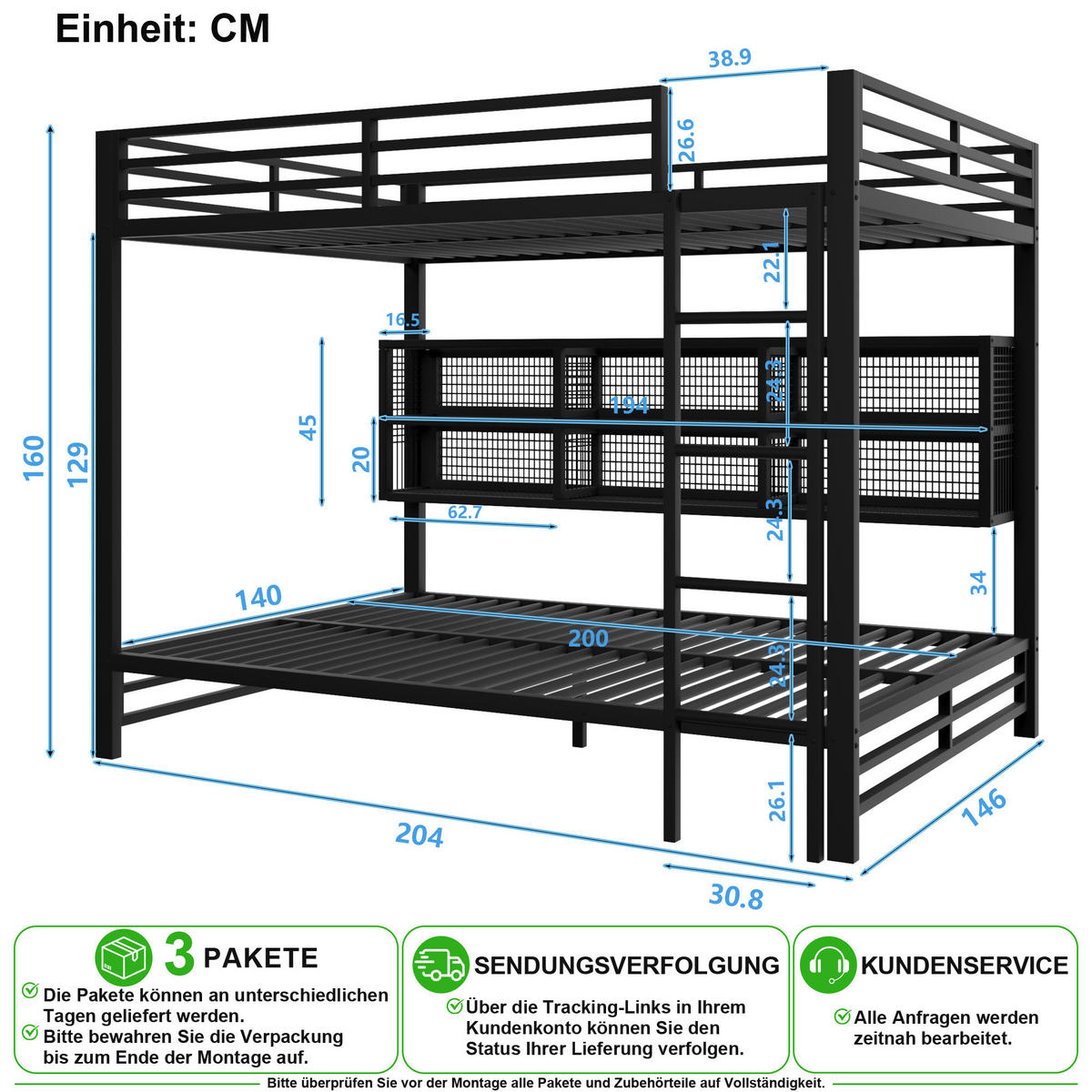 ETAGENBETT 140/200 cm in Schwarz mit 6 Schränken und LED - Schwarz, Metall (140/200cm) - CHICFURN