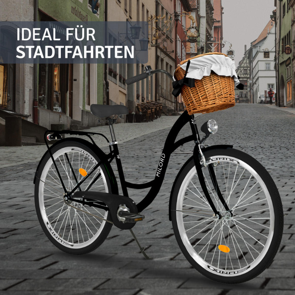 CITY-FAHRRAD Milord mit Weidenkorb, 28 Zoll, Schwarz, 1-Gang - Schwarz, Metall (46cm) - Milordbikes