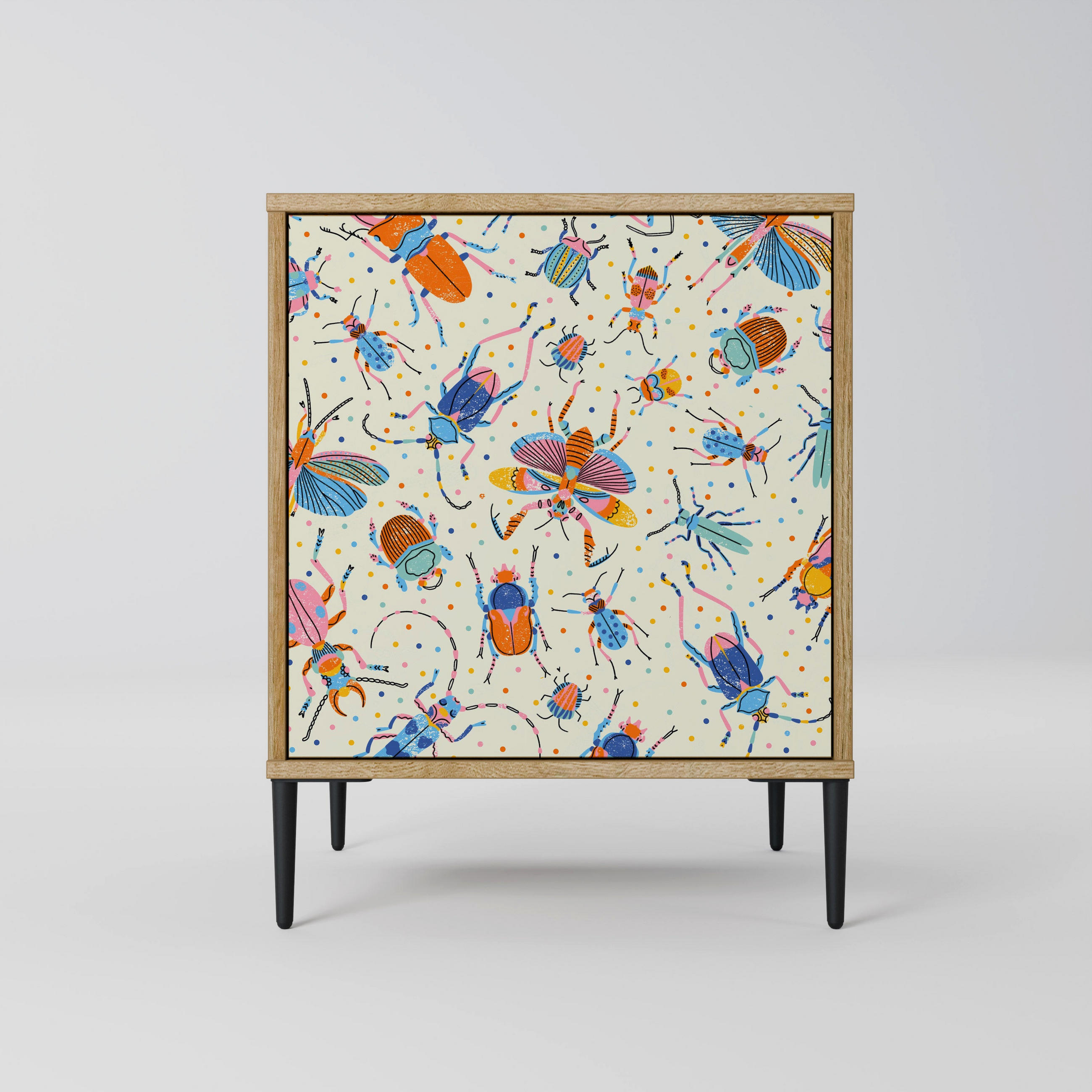 SIDEBOARD COLORFUL INSECTS, Eichefarben, 57,5x42x72,5 cm, Schwarze Metallfüße - Eichefarben/Multicolor, Holzwerkstoff/Metall (57.5/72.5/42cm) - SpaceRebels
