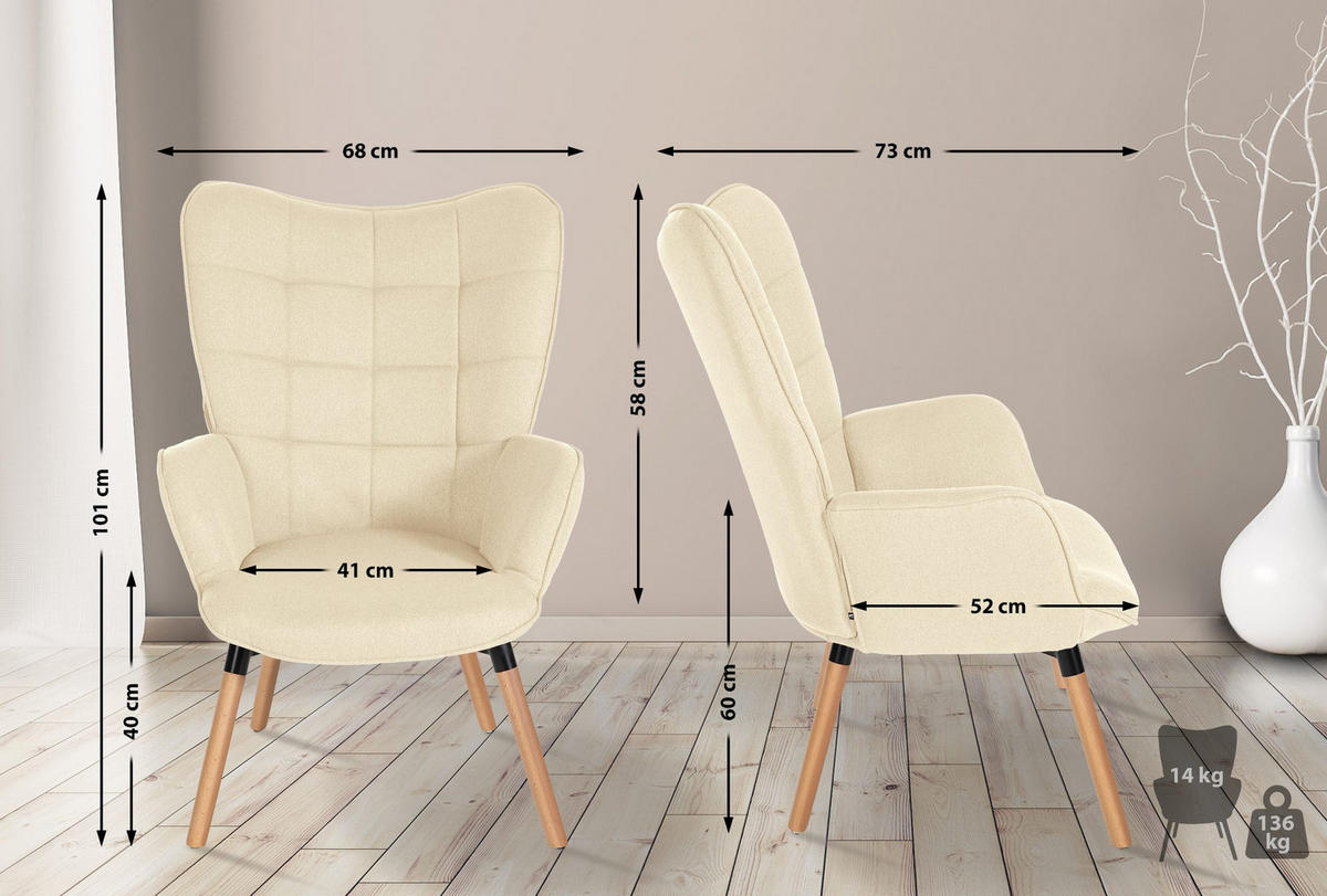 SESSEL Stoff creme - Eukalyptusholzfarben/Creme, Holz/Textil (68/101/73cm) - CLP