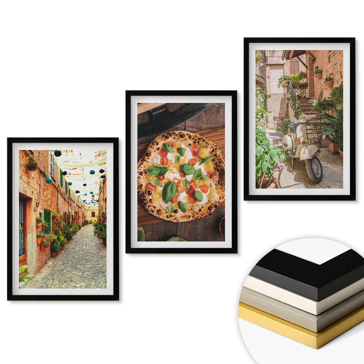 WANDBILDER 3er-Set - 40x60 cm Schwarzer Rahmen - Charmante Straßen mit Pizza - Schwarz, Kunststoff (40/60cm) - ArtPrintCave