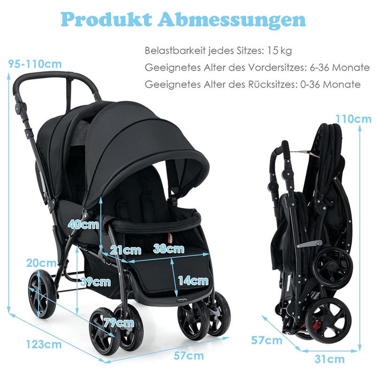 GESCHWISTERWAGEN klappbar schwarz - Schwarz, Metall (57/123/95cm) - COSTWAY
