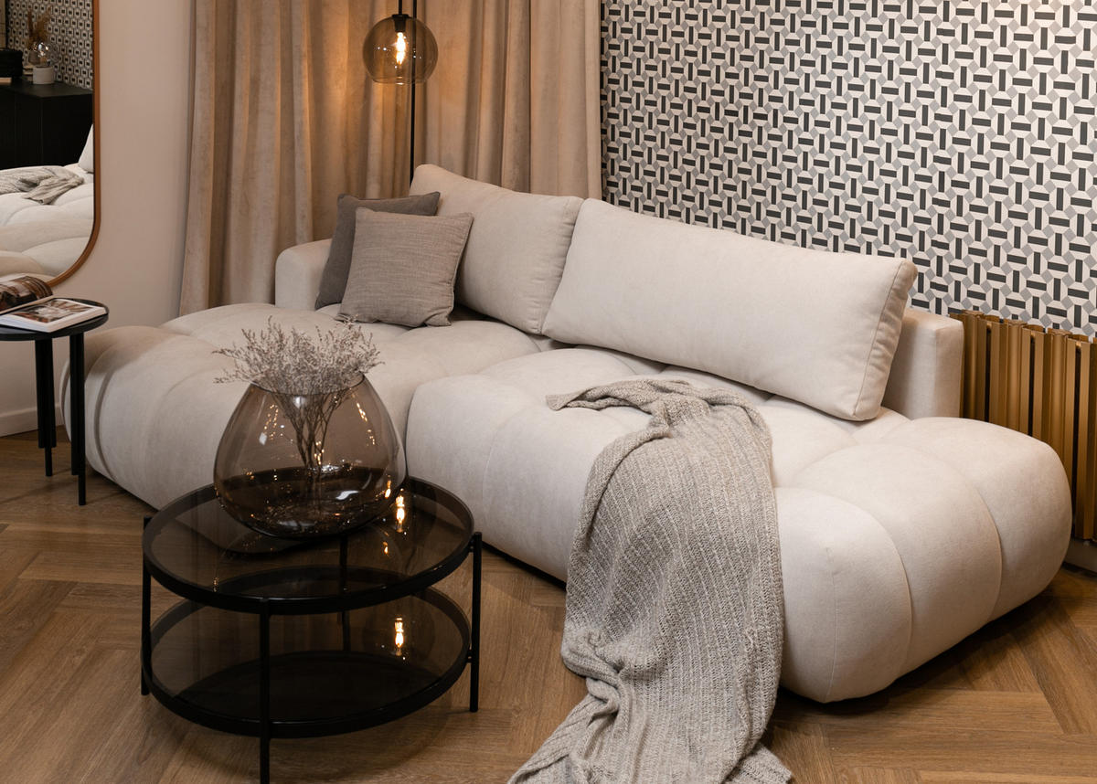 ECKSOFA Ombo Cremeweiß Chenille 280 cm - Creme/Schwarz, Kunststoff/Textil (284/167cm) - Selsey