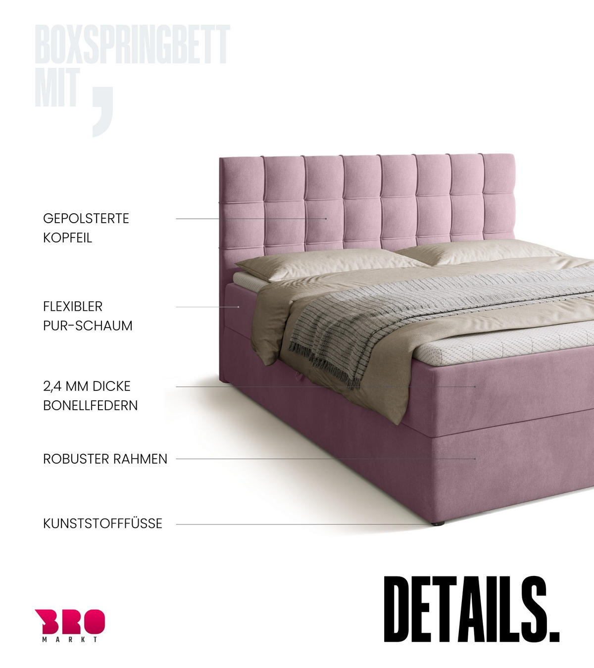 BOXBETT Detroit mit Topper 160/200 Rosa - Rosa, Holzwerkstoff/Textil (160/200cm) - Bromarkt