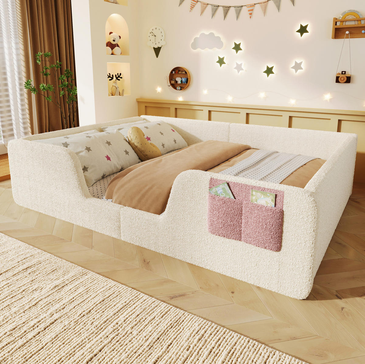KINDERBETT 140/190 cm Beige aus Samt und MDF mit abnehmbaren Seitengittern - Beige, Textil (140/190cm) - OKMYHOME