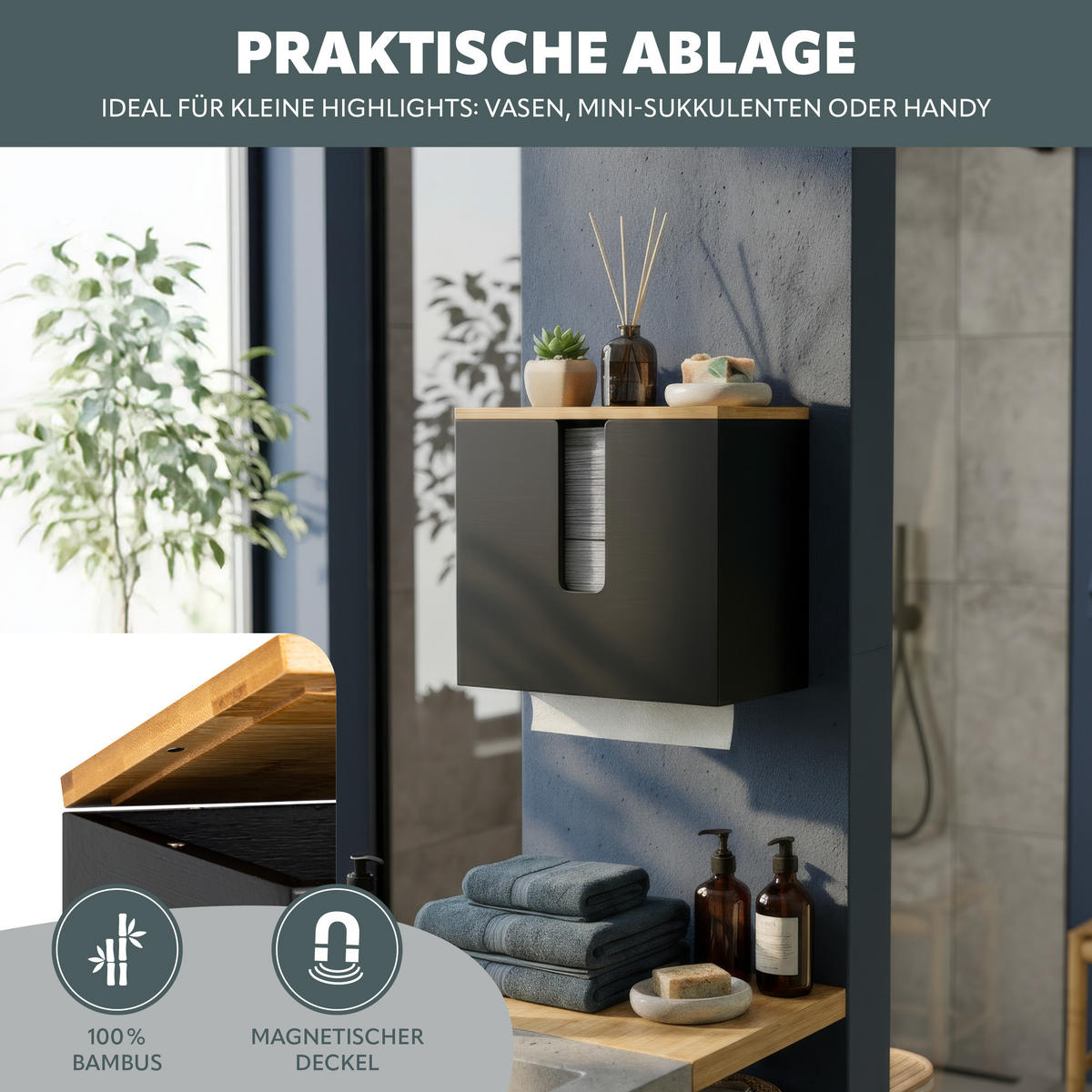 PAPIERHANDTUCHSPENDER mit Bambus-Einsatz - Schwarz, Holz (29/25/15cm) - eluno