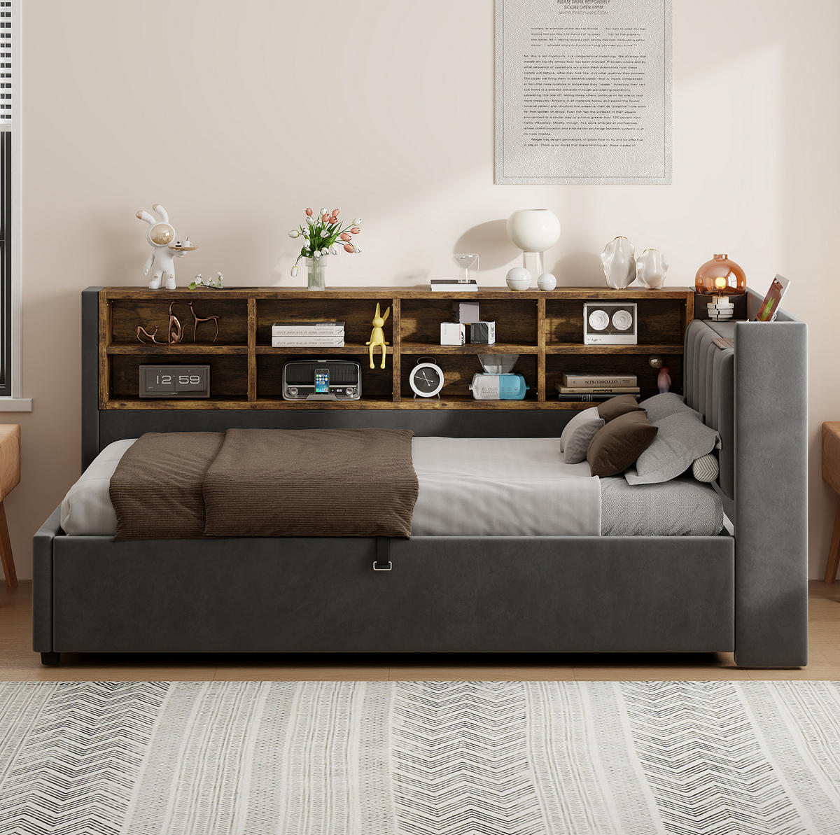 SCHLAFSOFA aus Samt 90x200 cm Grau mit hydraulischem Stauraum, Nachtlicht und USB-Anschlüssen - Dunkelgrau, Textil (90/200cm) - IVMEU