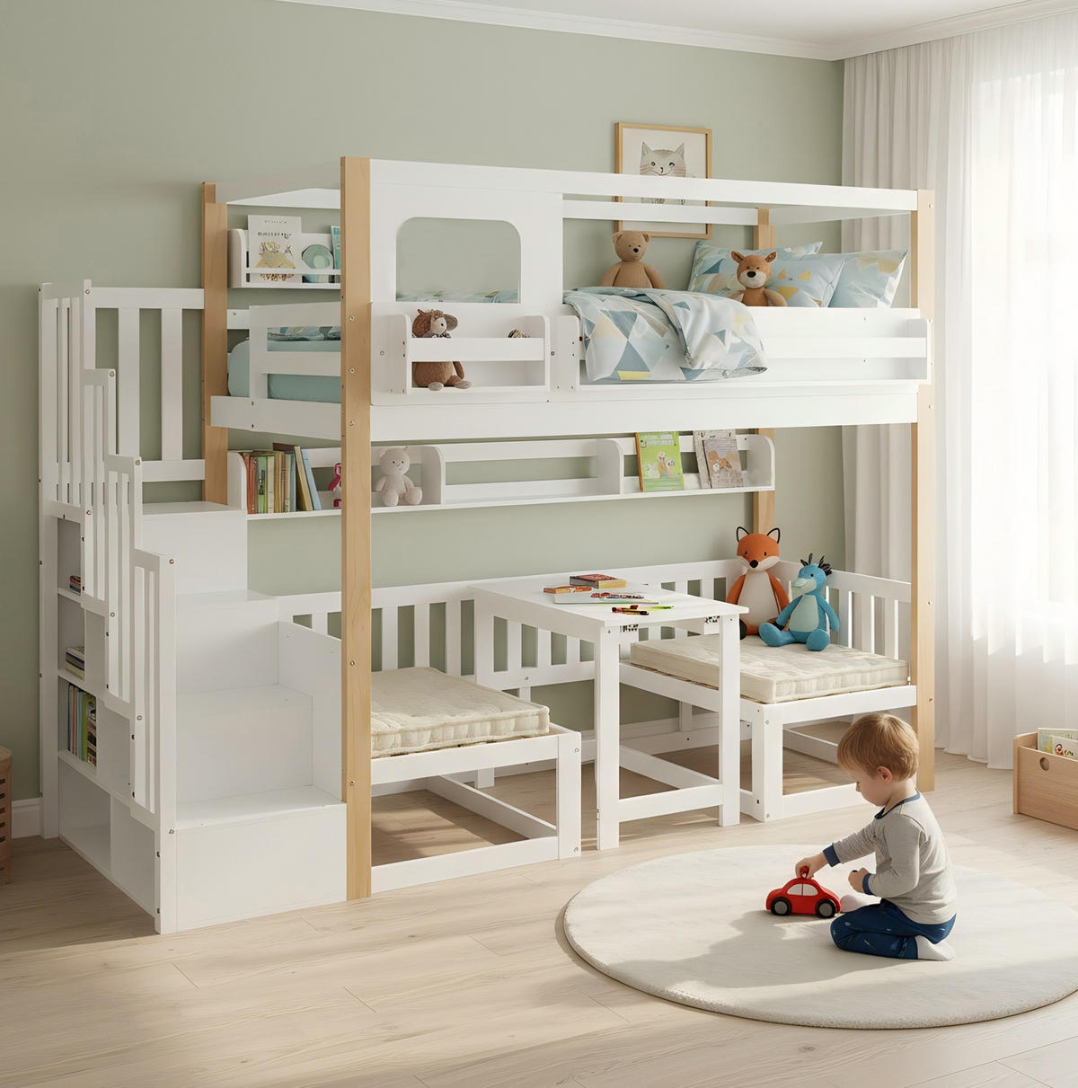ETAGENBETT 90/200 cm in Weiß/Natur mit Aufbewahrungstreppe und Klapptisch - Weiß, Holz (90/200cm) - OKMYHOME