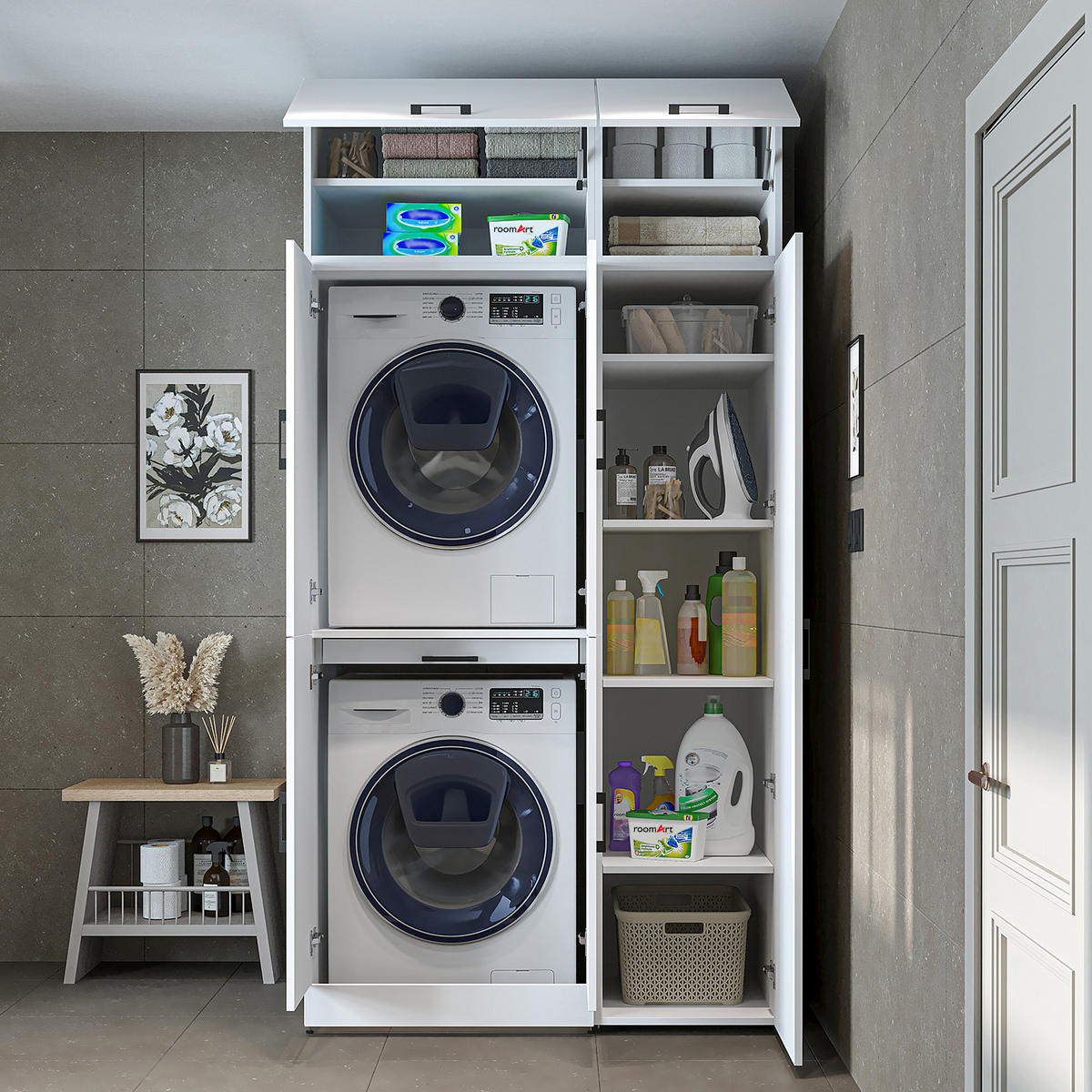 WASCHMASCHINENSCHRANK DORA-I 115cm Breit, 230cm Hoch - Weiß, Holzwerkstoff (115/230/73.8cm)