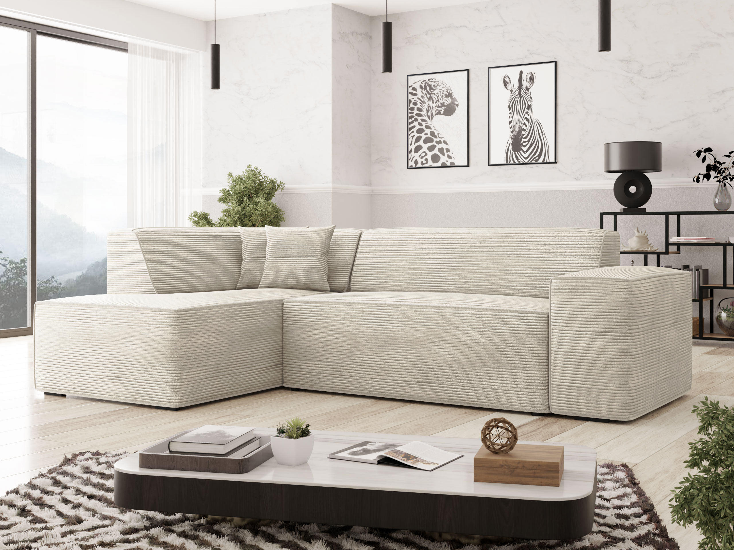 ECKSOFA Lordin Cord, Seite: Links - Schwarz/Naturfarben, Holz/Textil (267/205cm) - MIRJAN24