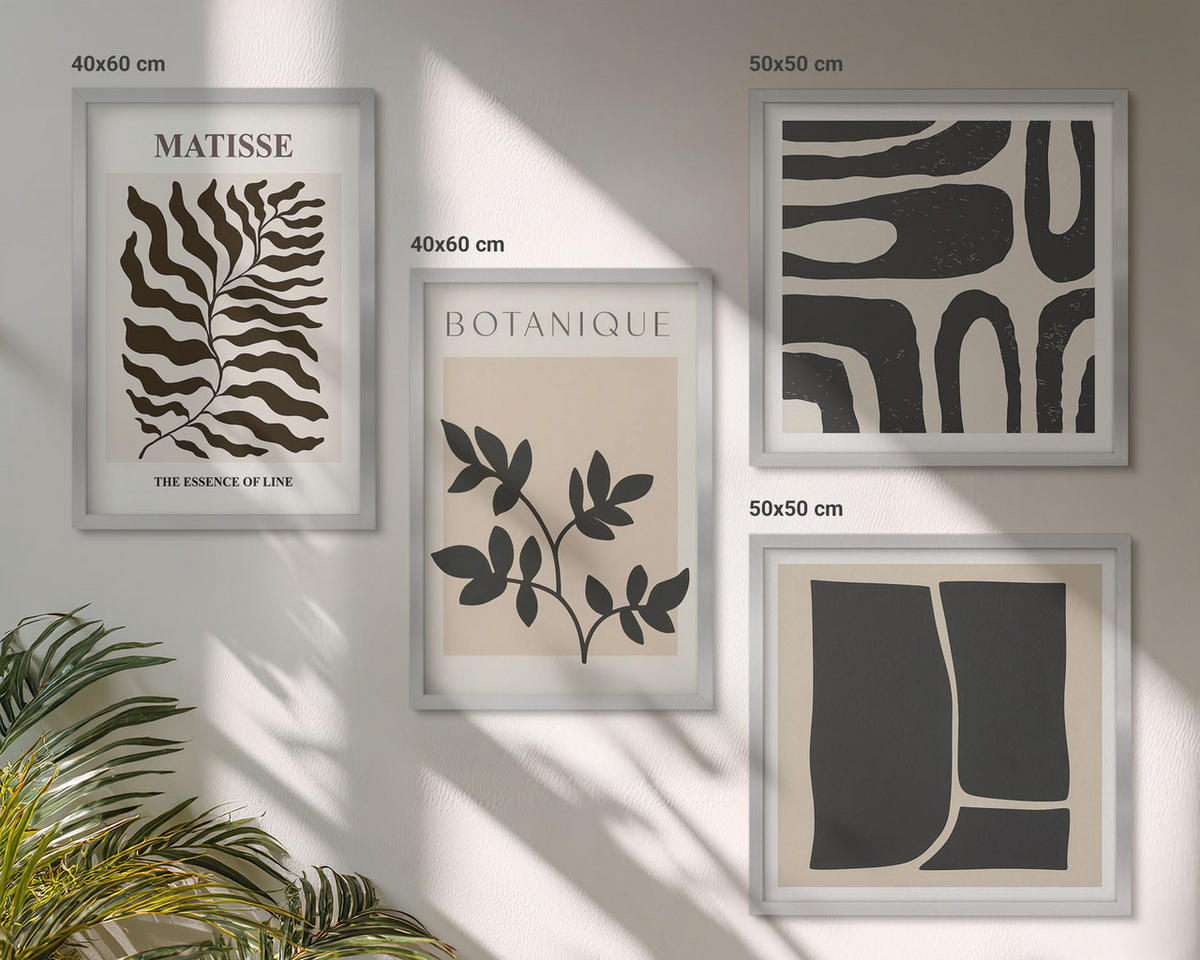 BILDER SET 4er Set - 50x50 cm & 40x60 cm Silberner Rahmen - Minimalistische Pflanzenposter - Silberfarben, Kunststoff (50/50cm) - TULUP