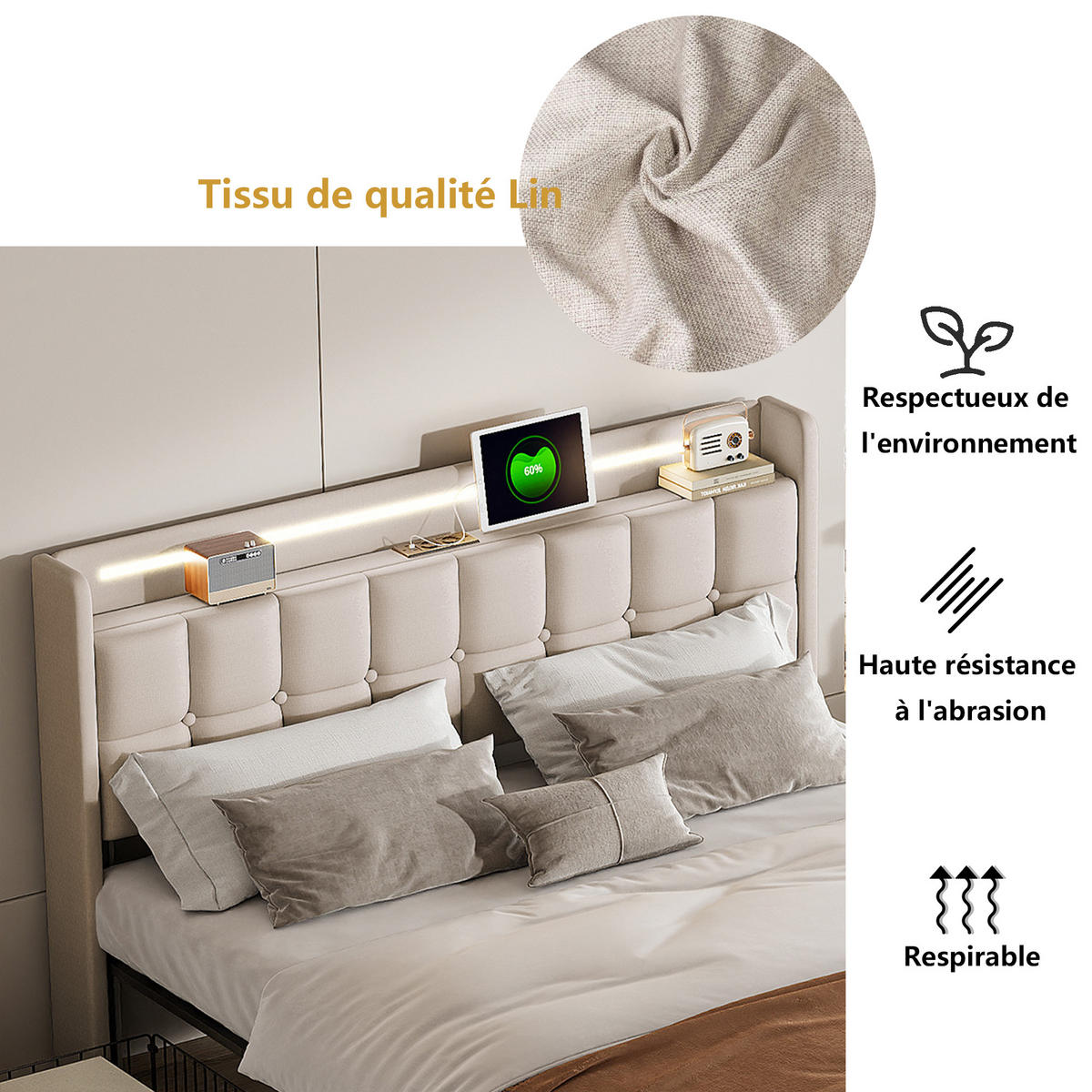 POLSTERBETT 180x200 cm LED Kopfteil 4 Schubladen USB beige - Beige, Holz (180/200cm) - LEBENLANG