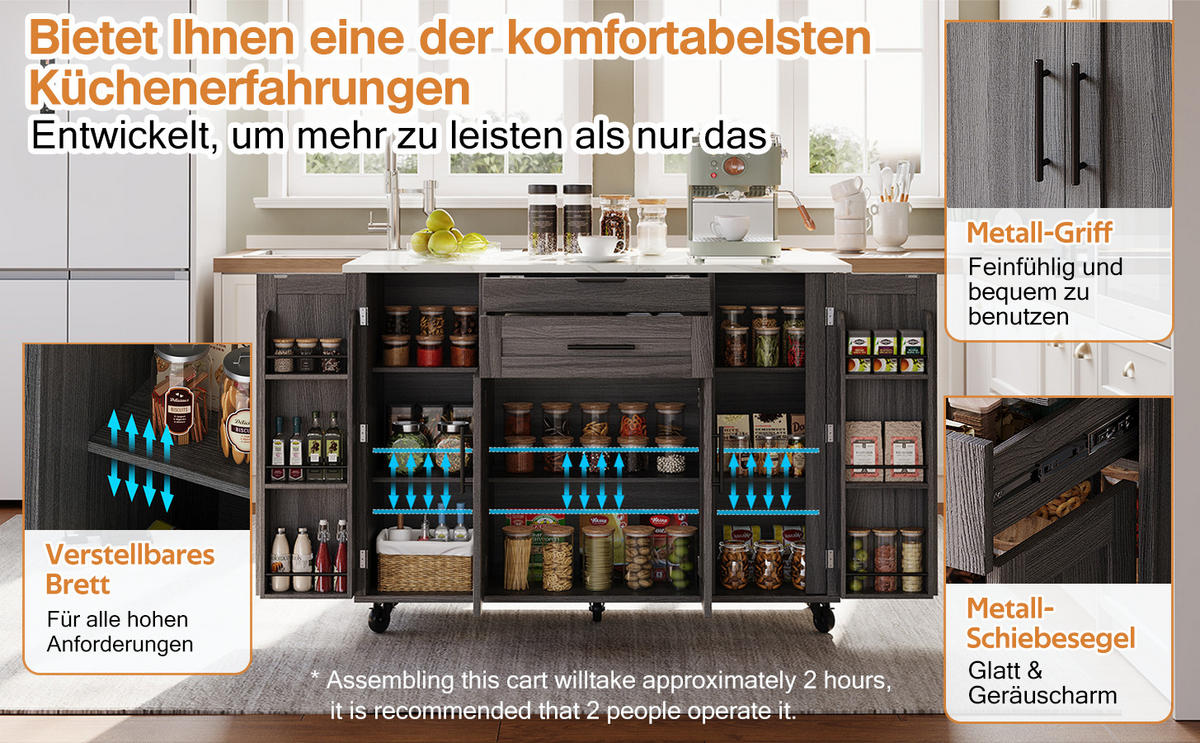 KÜCHENINSEL 120x45/70 cm ausziehbar mit Gewürzregal - Grau, Holzwerkstoff (136/92/70cm)
