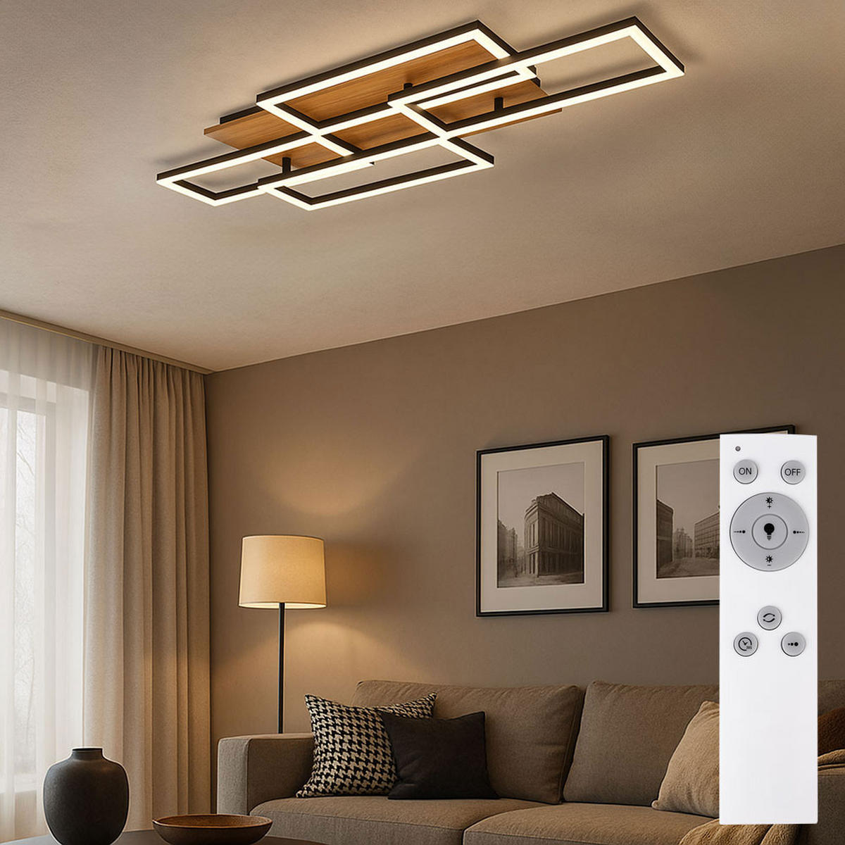 LED DECKENLEUCHTE Holzoptik Braun - Braun, Metall (87.5/32.5/7.5cm) - Globo Lighting