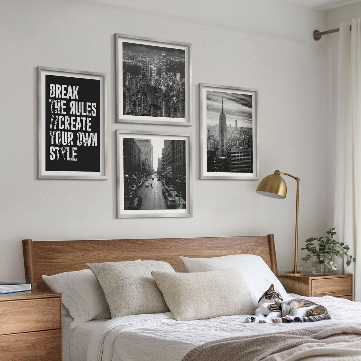BILDER SET 4er Set - 50x50 cm & 40x60 cm Silberner Rahmen - Inspiration für Schwarz-Weiß-Darstellungen von Stadtstraßen - Silberfarben, Kunststoff (50/50cm) - TULUP