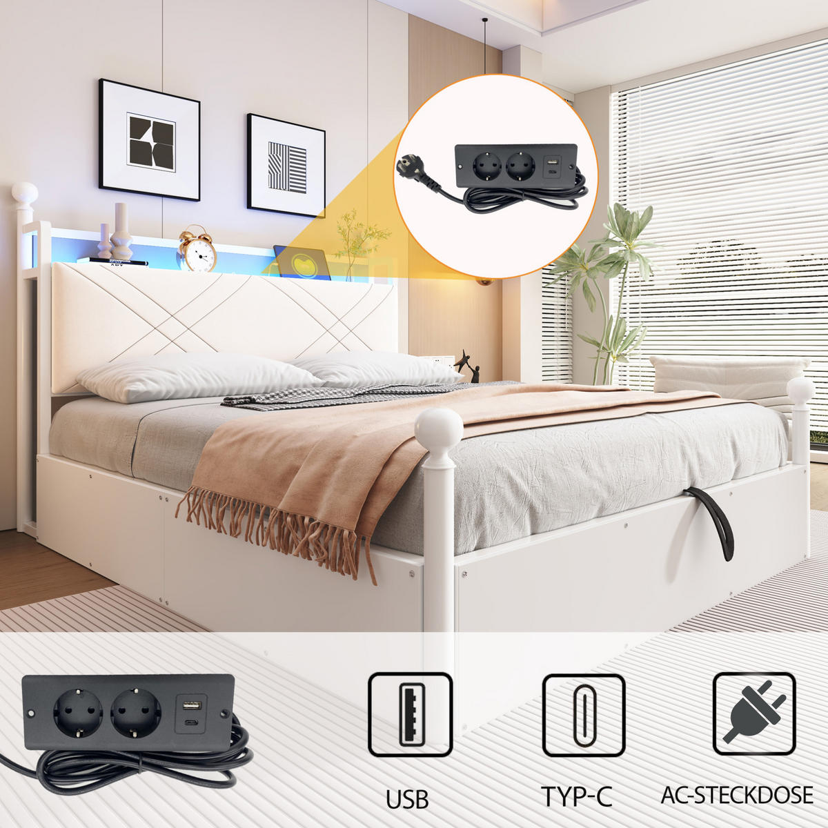 MULTIFUNKČNÍ postel 140/190 cm s odnímatelným nebesovým rámem, LED osvětlením, USB/Type-C a úložným prostorem, Bílá - bílá, kov (140/190cm) - Redom