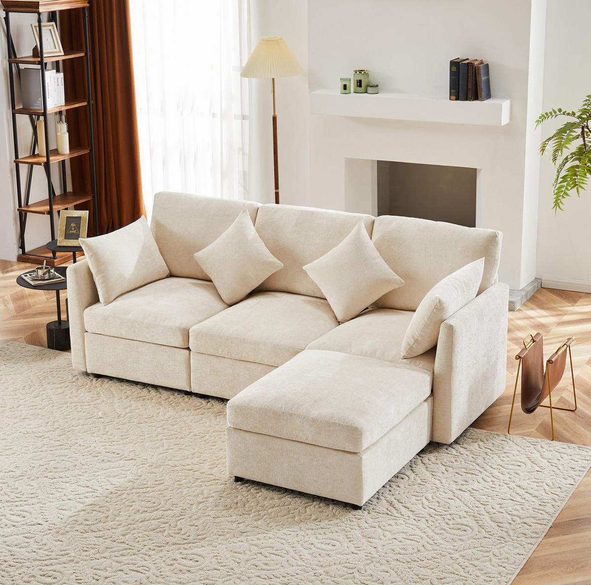 ECKSOFA 216/161/81 cm Beige aus Chenille mit Hocker und 4 Kissen - Beige, Textil (161/216cm) - OKWISH
