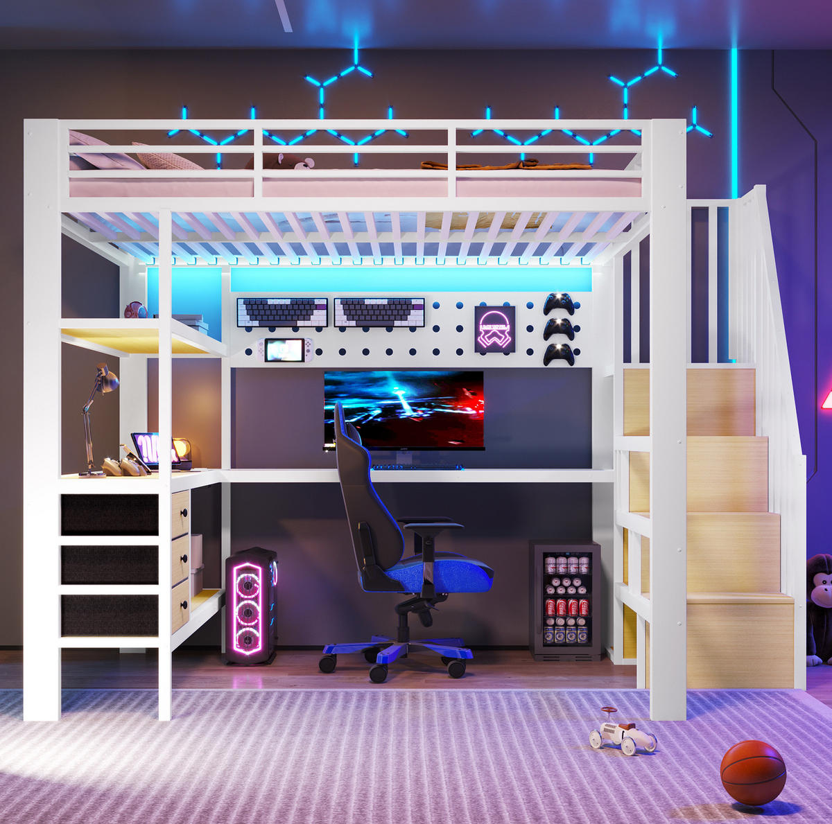 HOCHBETT 140/200 cm aus Metall und MDF mit Schreibtisch, Stauraumtreppe und LED-Beleuchtung Weiß - Weiß, Holzwerkstoff (140/200cm) - Modenvie