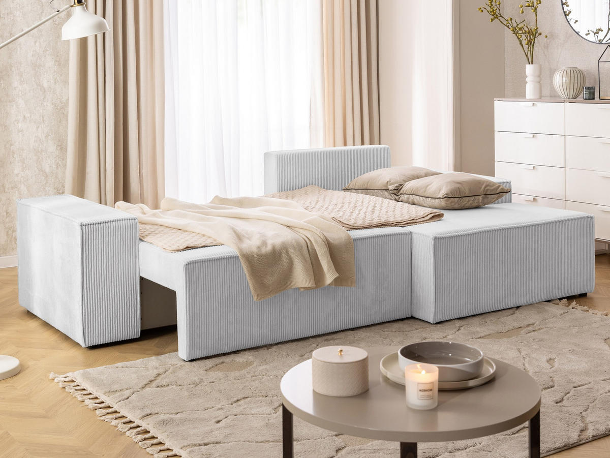 ECKSOFA Rivio mit Schlaffunktion und Bettkasten, Cordstoff Hellgrau - Hellgrau/Schwarz, Holz/Kunststoff (262/149cm) - S-Style