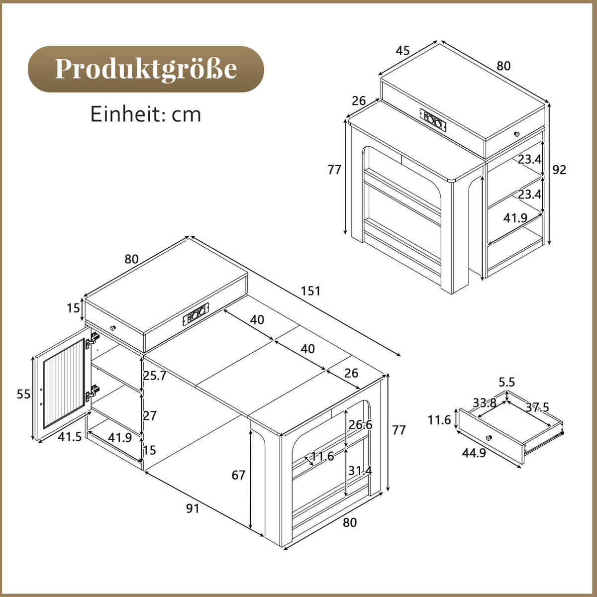 KÜCHENINSEL aus MDF 80x71-151x92 cm Weiß mit Steckdosenleiste - Weiß, Holzwerkstoff (151/92/80cm) - Modfu