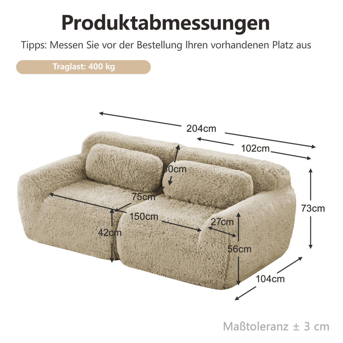 SOFA in Hellkhaki aus Plüsch mit rutschfester Basis und Kissen - Sandfarben, Textil (104/73/204cm) - Flora Grace