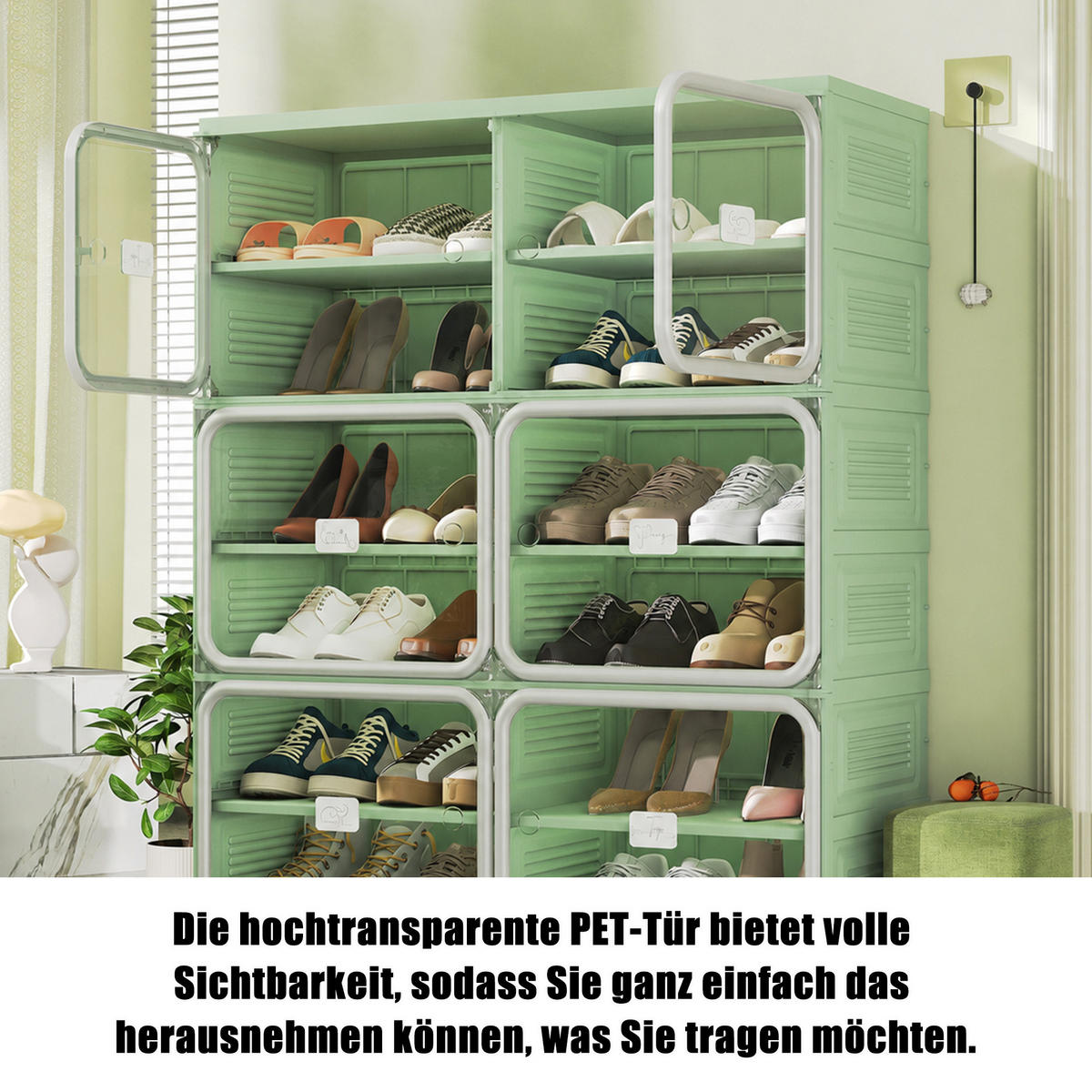 SCHUHSCHRANK, Doppelfach mit 6 Ebenen, faltbar, montagefrei, aus Kunststoff, Flurmöbel, Grün-Grau - Grün, Kunststoff (85/104/34cm) - GENKI LIVING